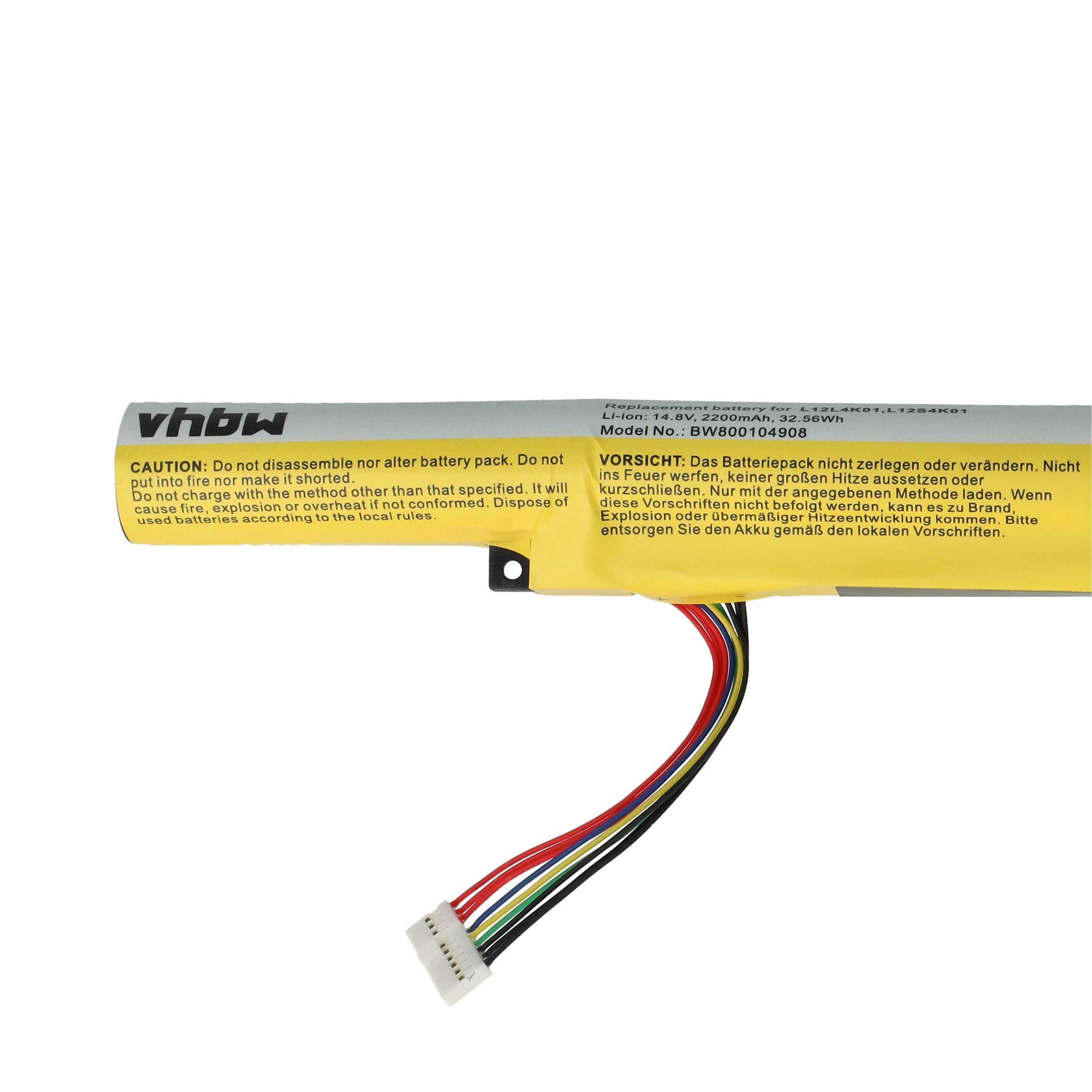 Eine Zylinder-vhbw-Lithium-Ionen-Batterie mit einem mehrfarbigen Drahtanschluss, gekennzeichnet mit Sicherheitsinformationen und der Modellnummer BW800104008.