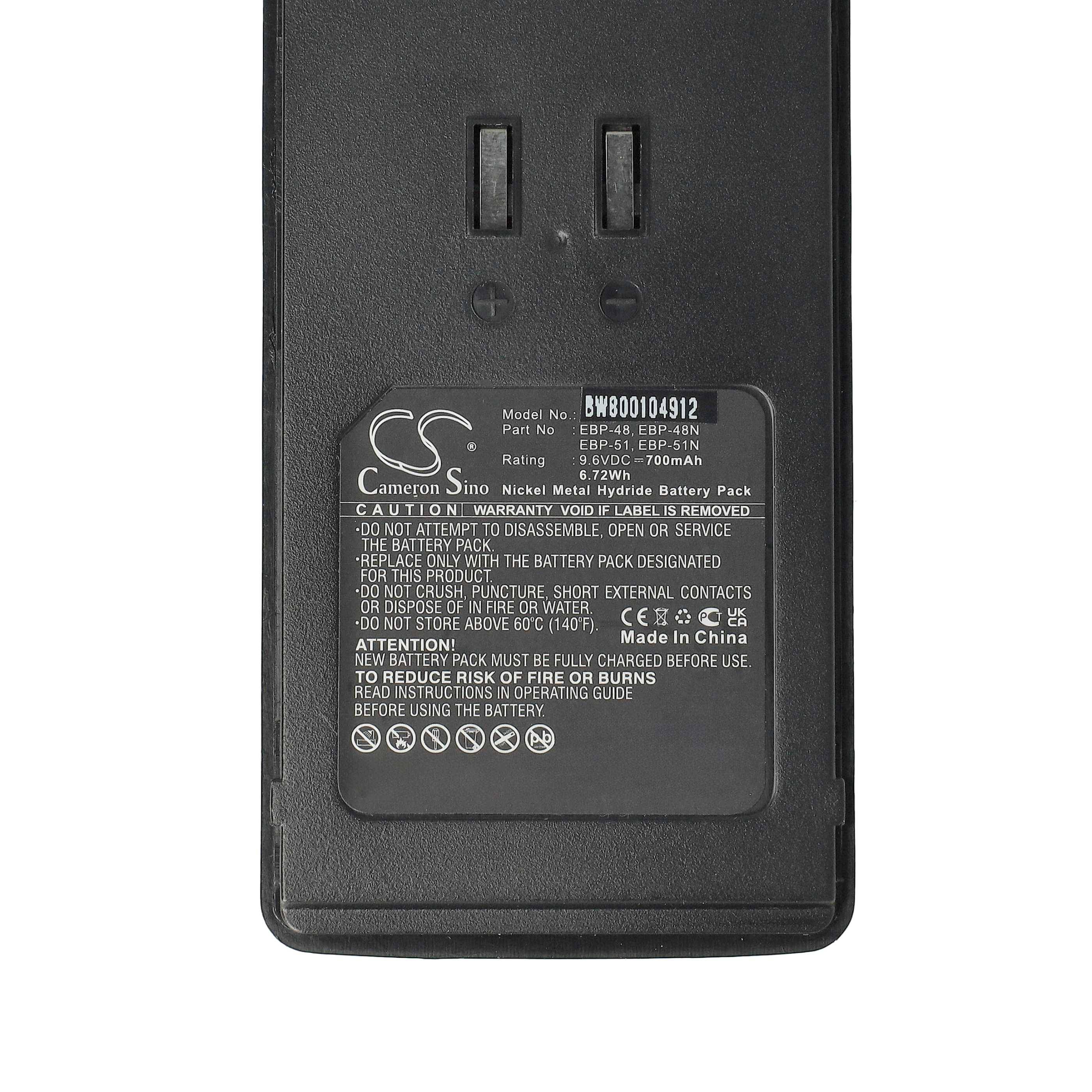Batteriepack mit Etikett mit Modellnummer BW800104912, Nickel-Metall-Hydrid, 7,2V, 700mAh und Sicherheitsanweisungen zur Verwendung.
