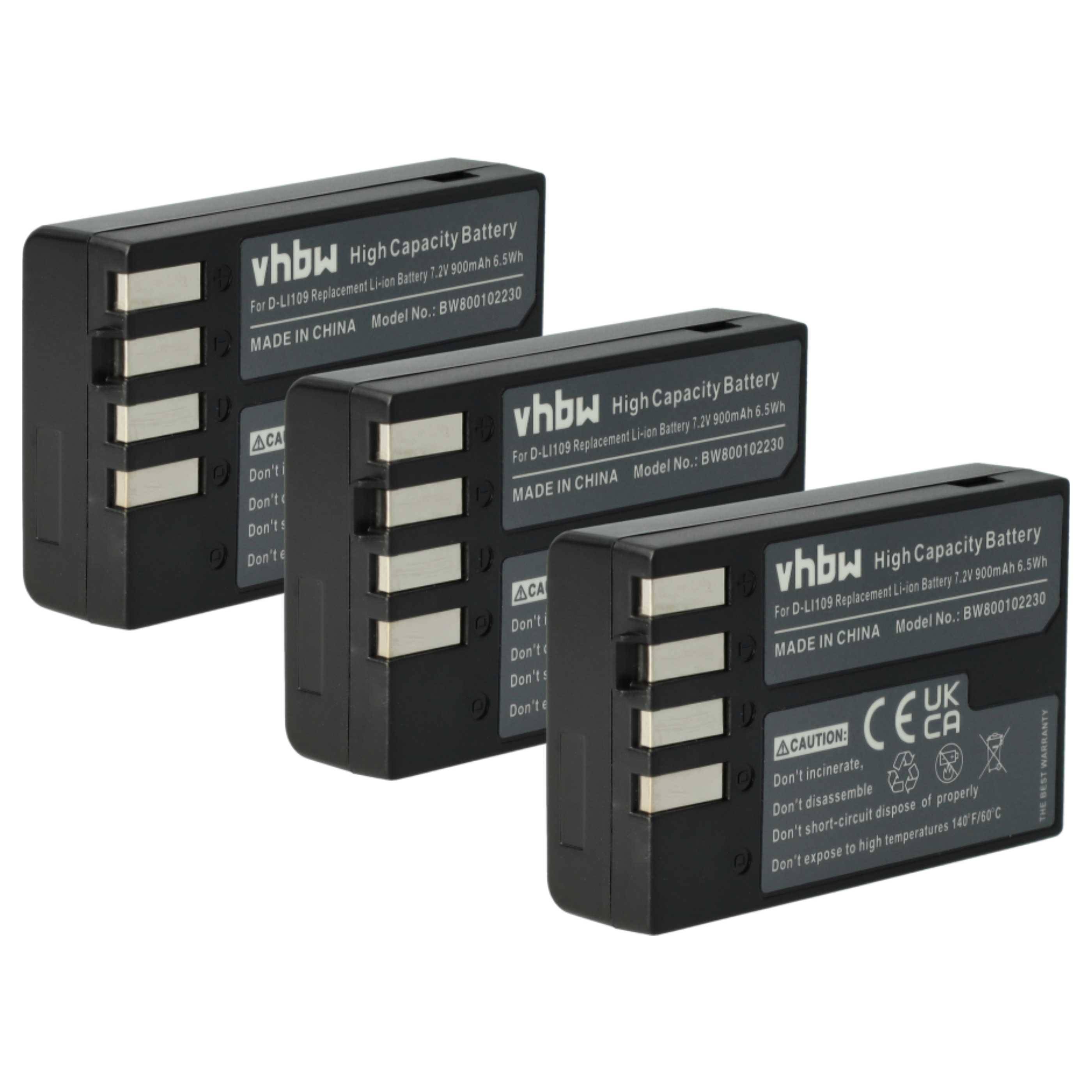 vhbw 3x Akku kompatibel mit Pentax K-30, K-50, K-S1, K-P, K-500, K-S2, K-R, K-2, K-70 Kamera (900 mAh, 7,2 V, Li-Ion)