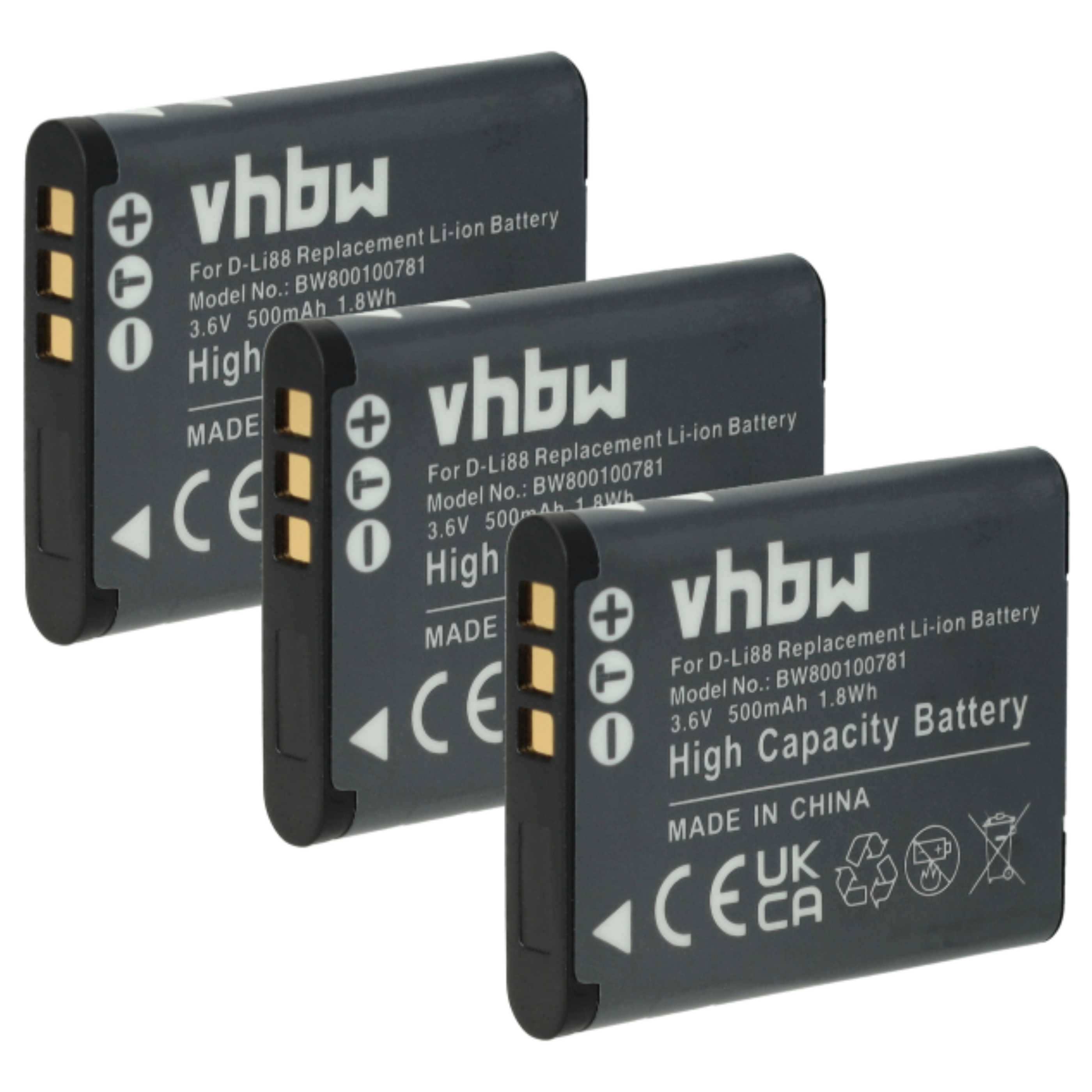 vhbw 3x Akku kompatibel mit Toshiba CAMILEO BW10 HD, BW10, SX-500, SX500, SX-900, SX900, PX-1686, PX1686 Kamera (500 mAh, 3,6 V, Li-Ion)