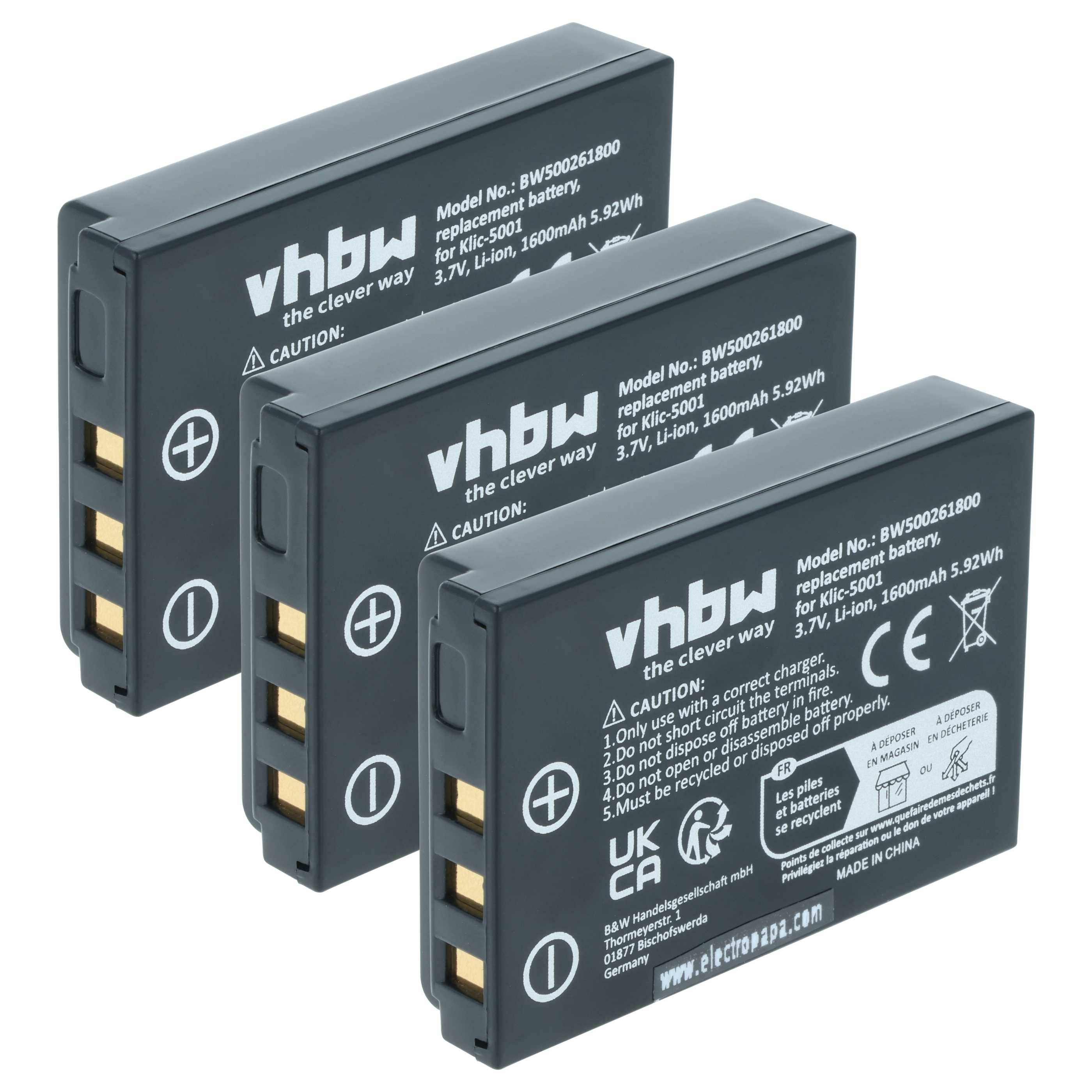 Drei schwarze wiederaufladbare Lithium-Ionen-Kamerabatterien, jeweils mit der Aufschrift 'vhbw' für Nikon EN-EL5, 1500mAh, 3,7V, in einer Reihe angeordnet.