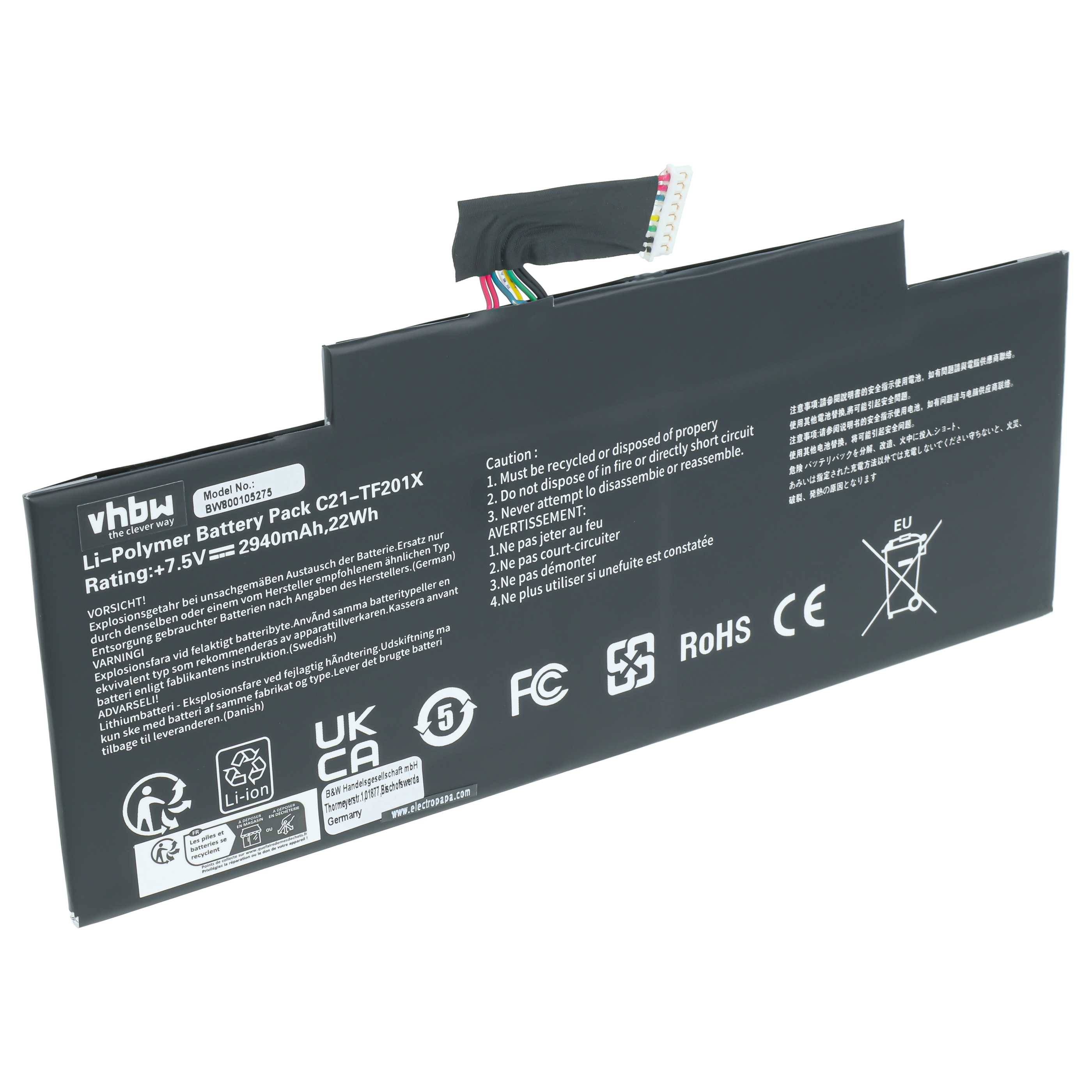 vhbw Akku kompatibel mit Asus Transformer Pad TF300T, TF300, TF300TL, TF300TG Tablet Pad (2900 mAh, 7,5 V, Li-Polymer)