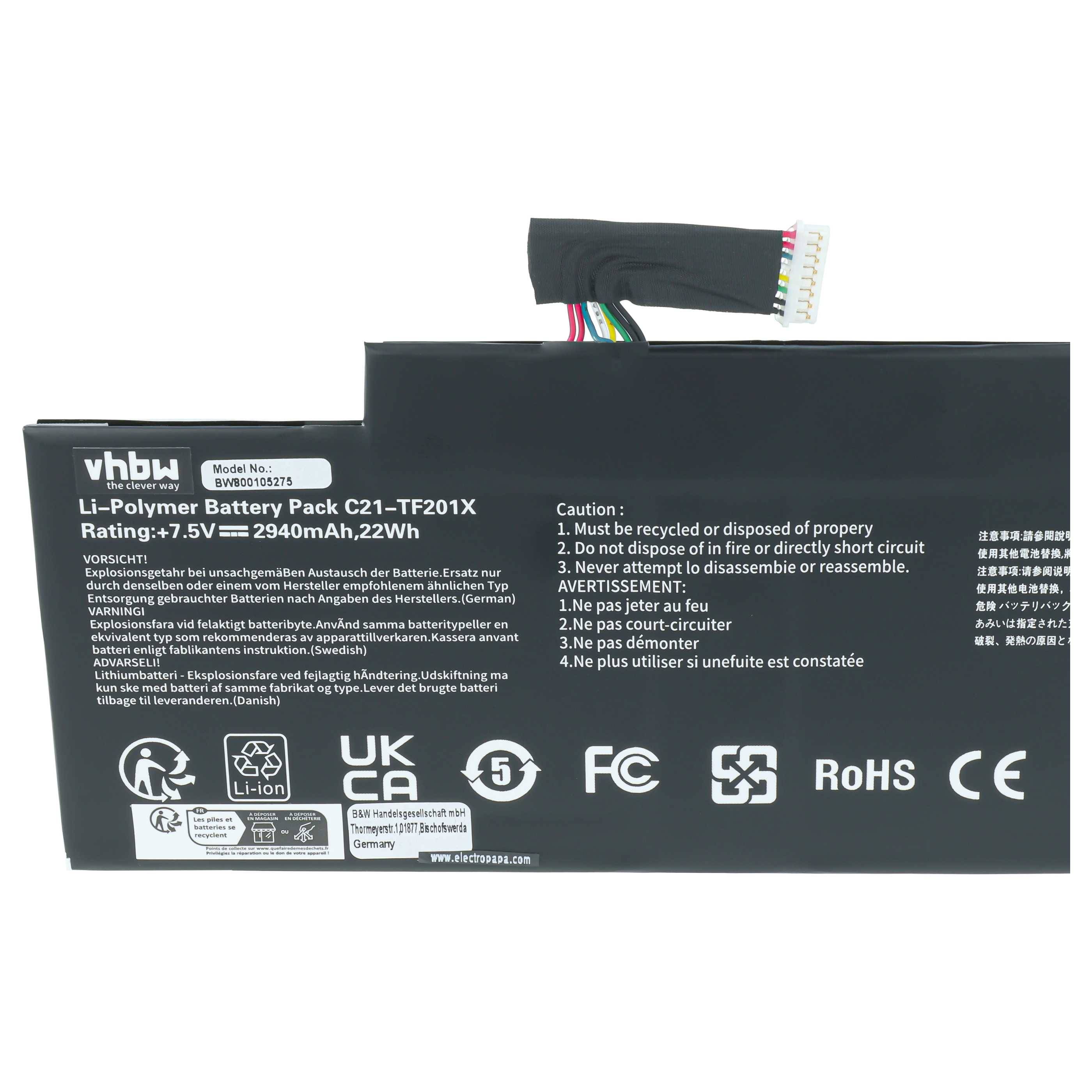 vhbw Akku kompatibel mit Asus Transformer Pad TF300T, TF300, TF300TL, TF300TG Tablet Pad (2900 mAh, 7,5 V, Li-Polymer)