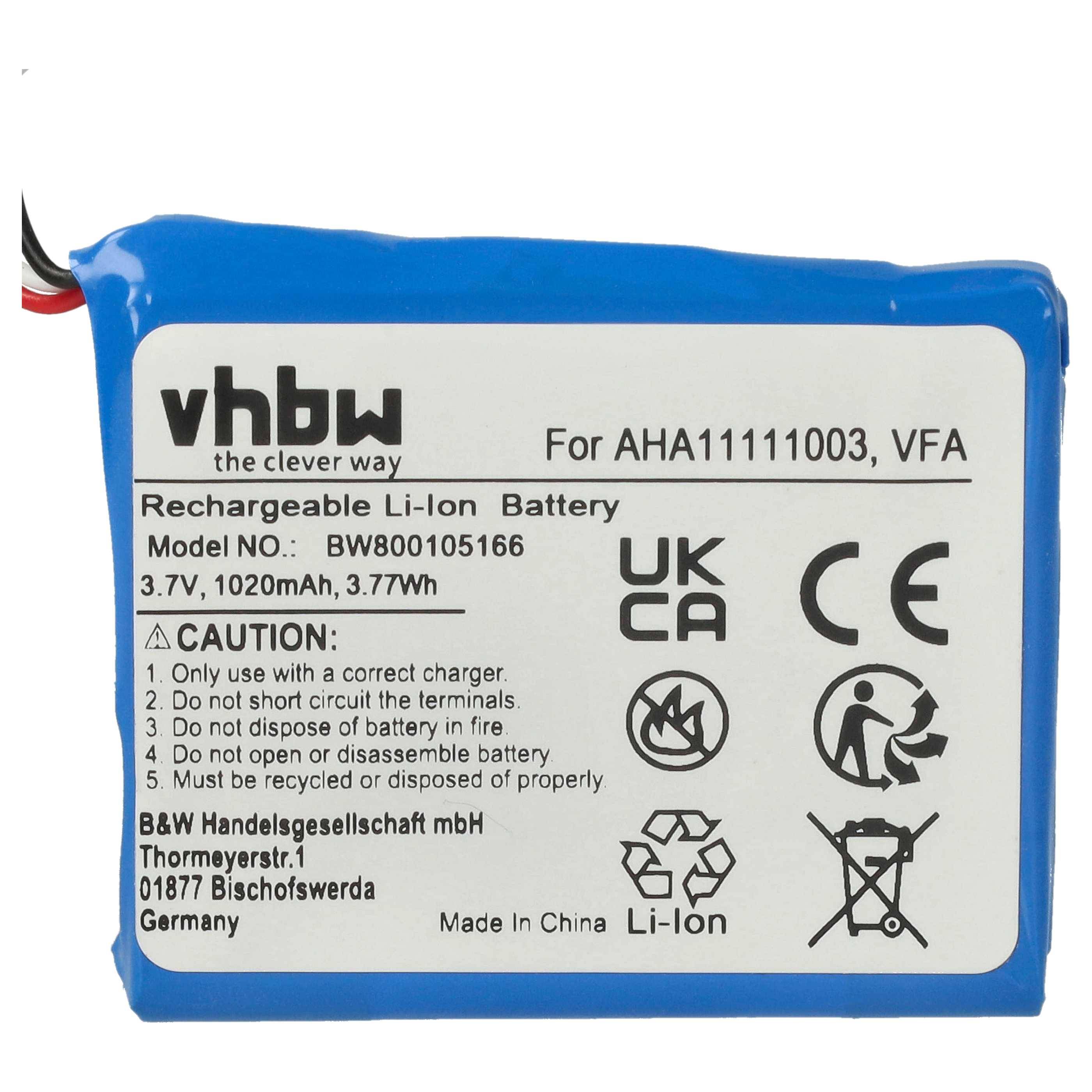 Wiederaufladbarer Li-Ionen-Akkupack mit Spezifikationen: 3,7V, 1020mAh, 3,77Wh. Enthält Gebrauchsanweisung und Sicherheitssymbole.