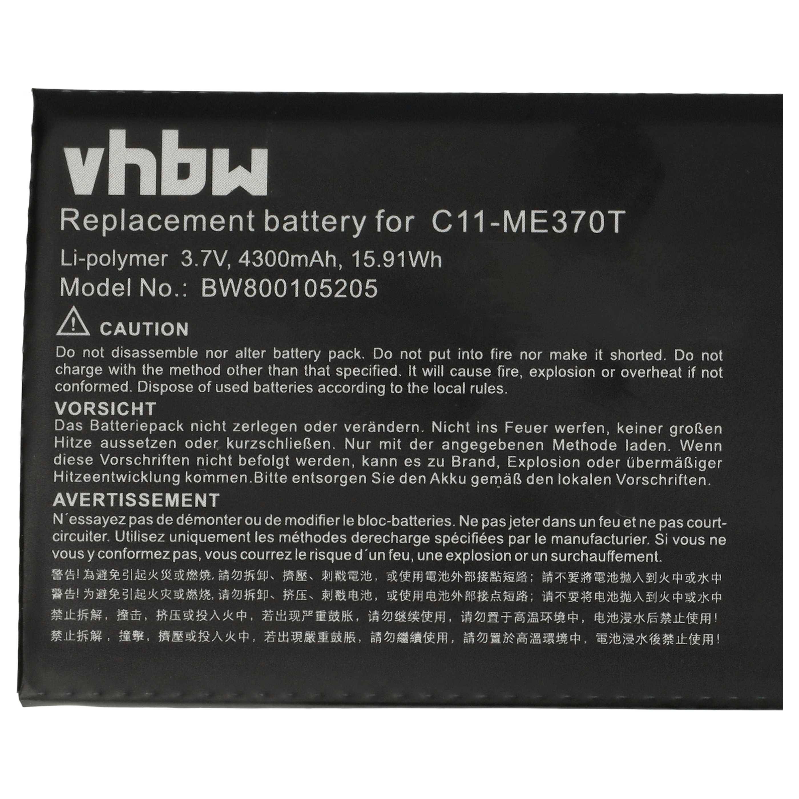 Ersatzbatterie für C11-ME370T, Li-Polymer 3,7V, 4300mAh, 15,91Wh, Modellnummer: BW800105205, mit Vorsichts- und Warntext in mehreren Sprachen.