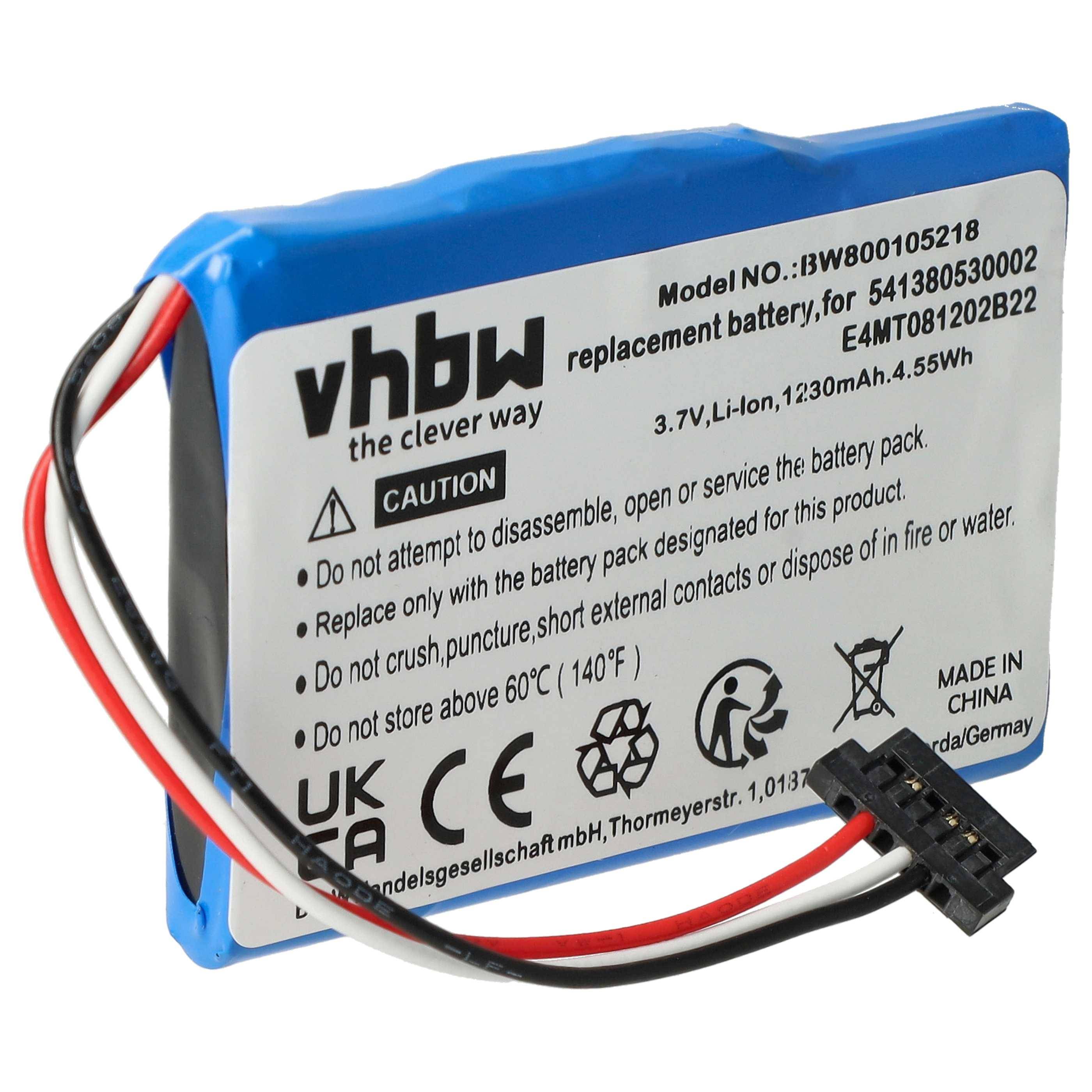 vhbw Ersatzbatterie, 3,7V, Li-Ion, 1230mAh, 4,55Wh, Modellnummer: BWB00105218. Vorsicht: Nicht quetschen oder über 60°C (140°F) erhitzen.