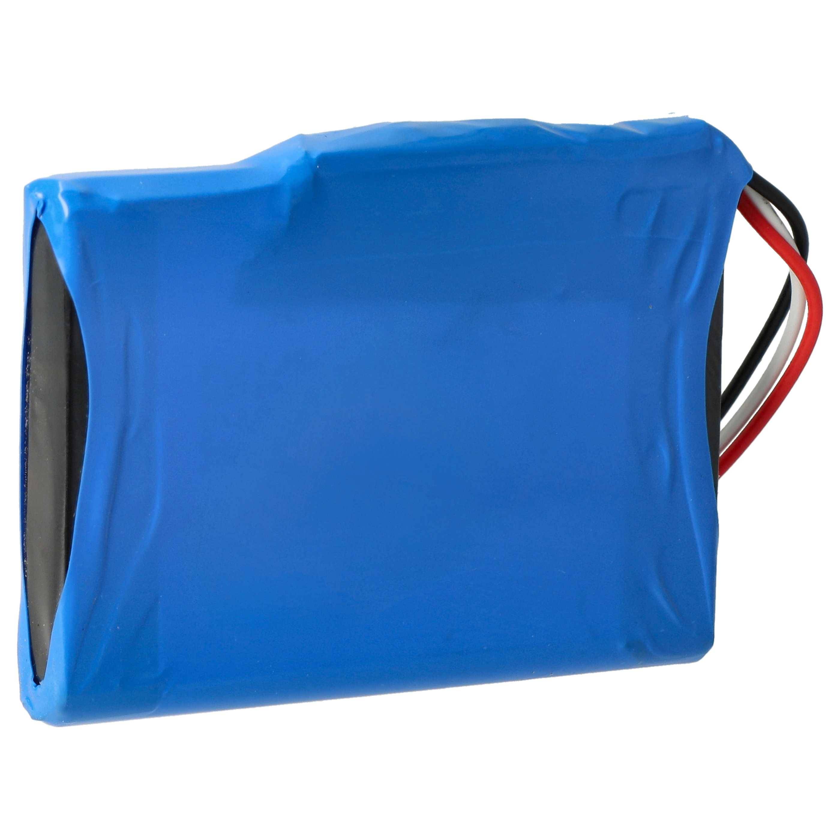 Eine blaue rechteckige Lithium-Ionen-Batterie mit roten und schwarzen Drähten an der Seite, die in elektronischen Geräten zur Stromversorgung verwendet wird.