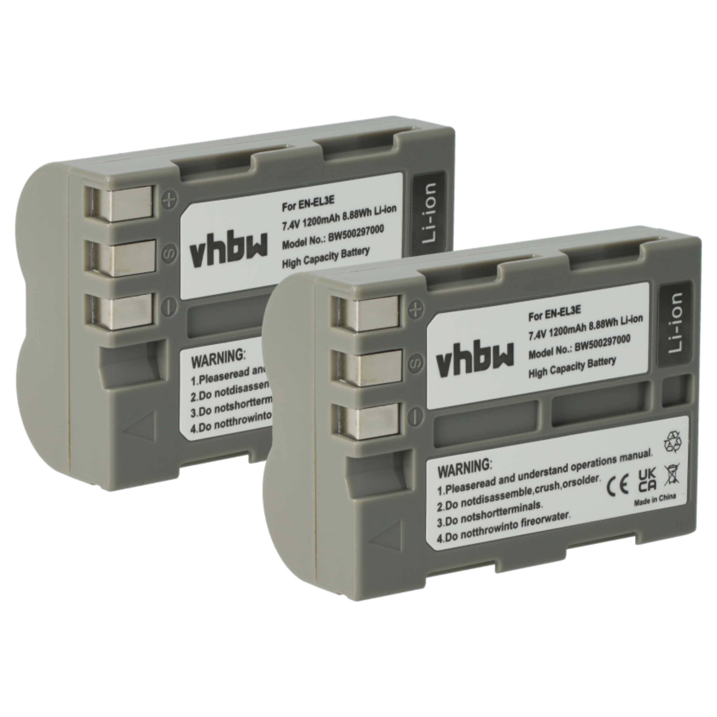 vhbw 2x Akku kompatibel mit Nikon D300, D200, D300s, D700, D70, D50, D100, D70s, D90, D80 Kamera (1200 mAh, 7,2 V, Li-Ion) - Ersatz für EN-EL3e