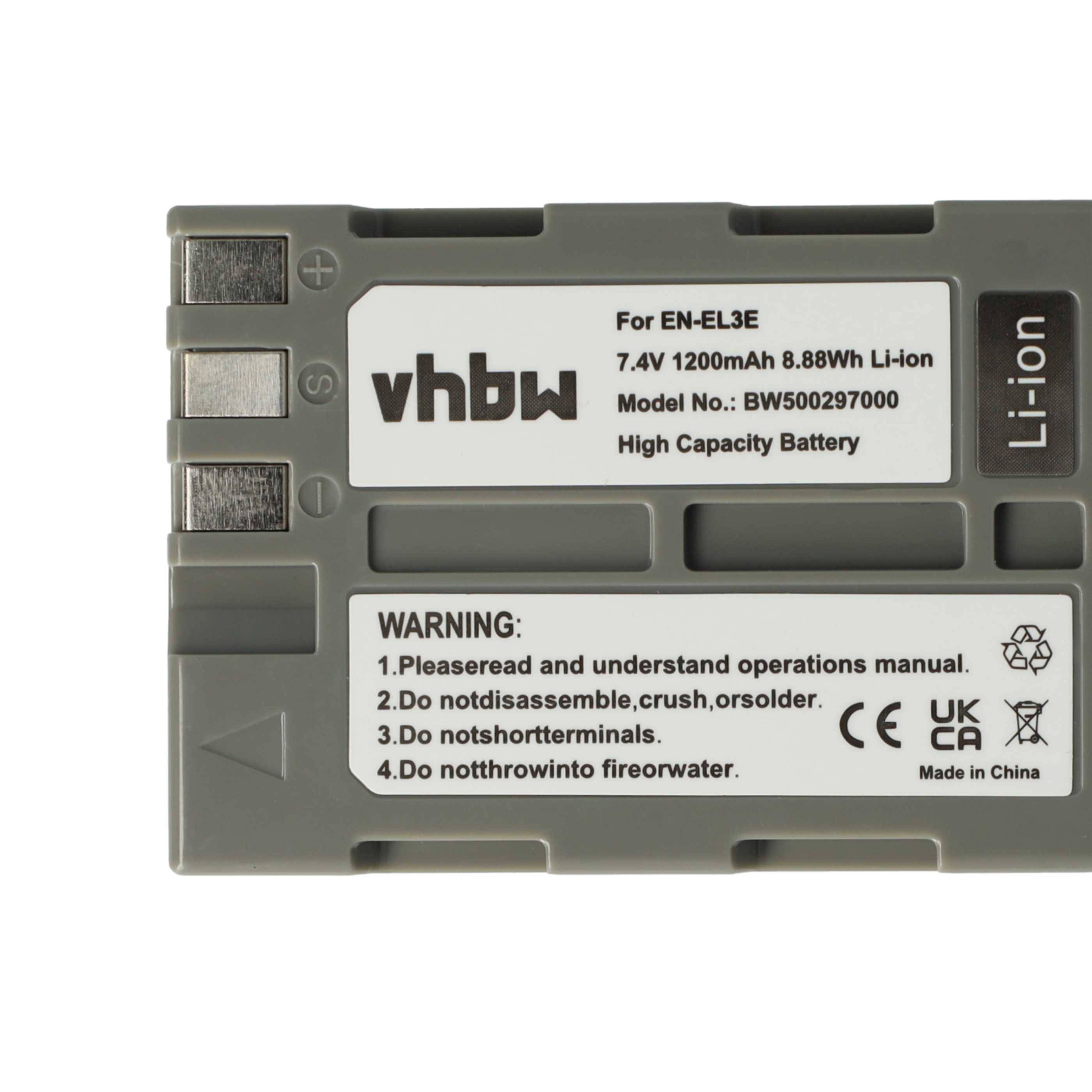Rechteckiger Lithium-Ionen-Akku mit der Bezeichnung "vhbw"", 7,4V 1200mAh, einschließlich Sicherheitswarnungen und Gebrauchsanweisungen.