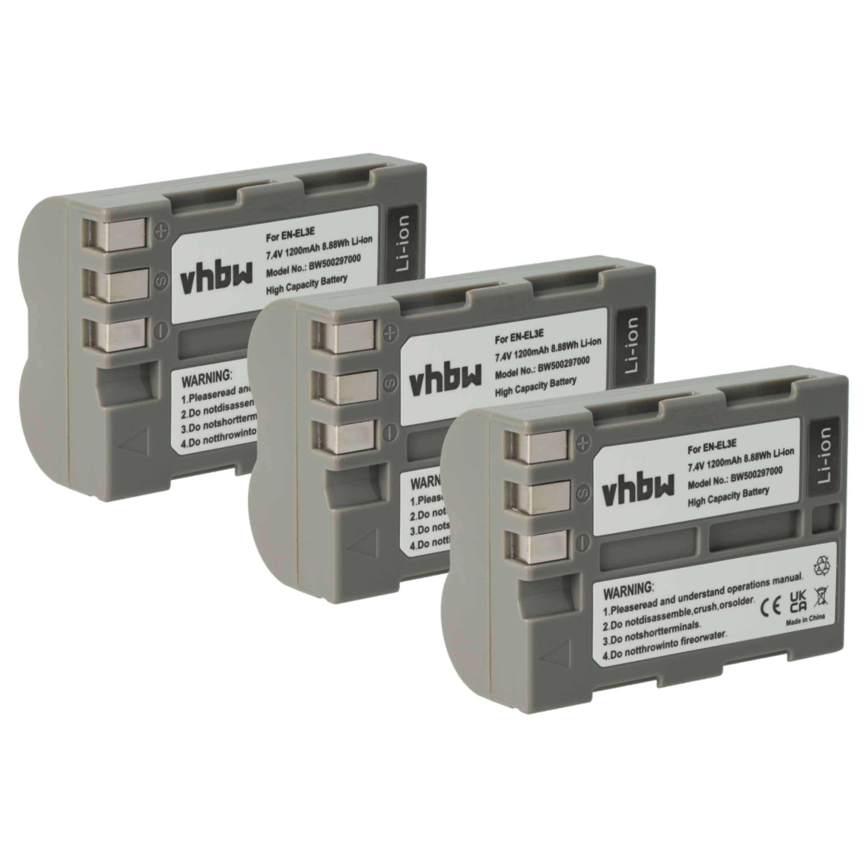 vhbw 3x Akku kompatibel mit Nikon D300, D200, D300s, D700, D70, D50, D100, D70s, D90, D80 Kamera (1200 mAh, 7,2 V, Li-Ion) - Ersatz für EN-EL3e