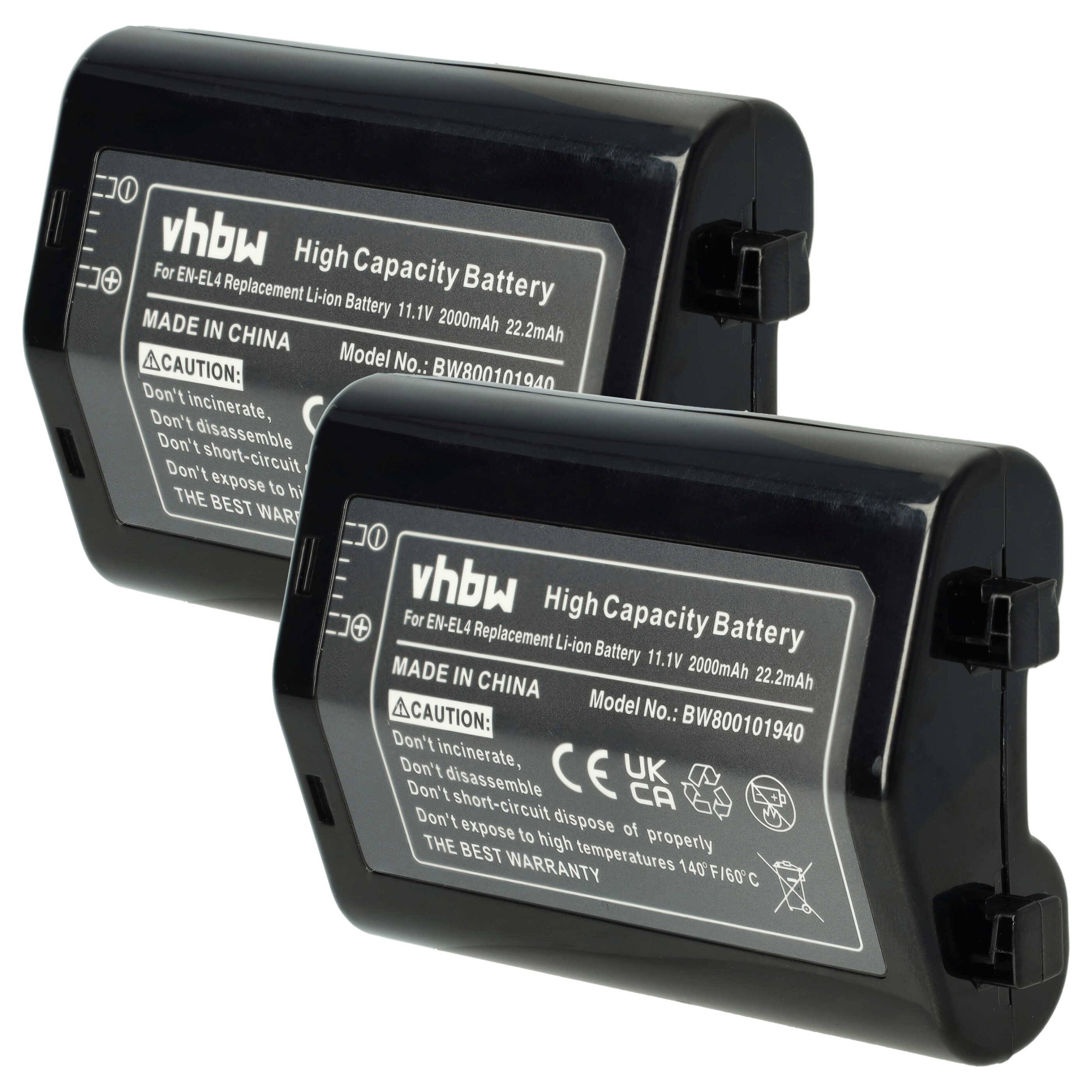 vhbw 2x Akku kompatibel mit Nikon D3, D3X, D2H, D2X, D2Hs, F6, D2Xs Kamera (2000 mAh, 11,1 V, Li-Ion) - Ersatz für EN-EL4, EN-EL4a