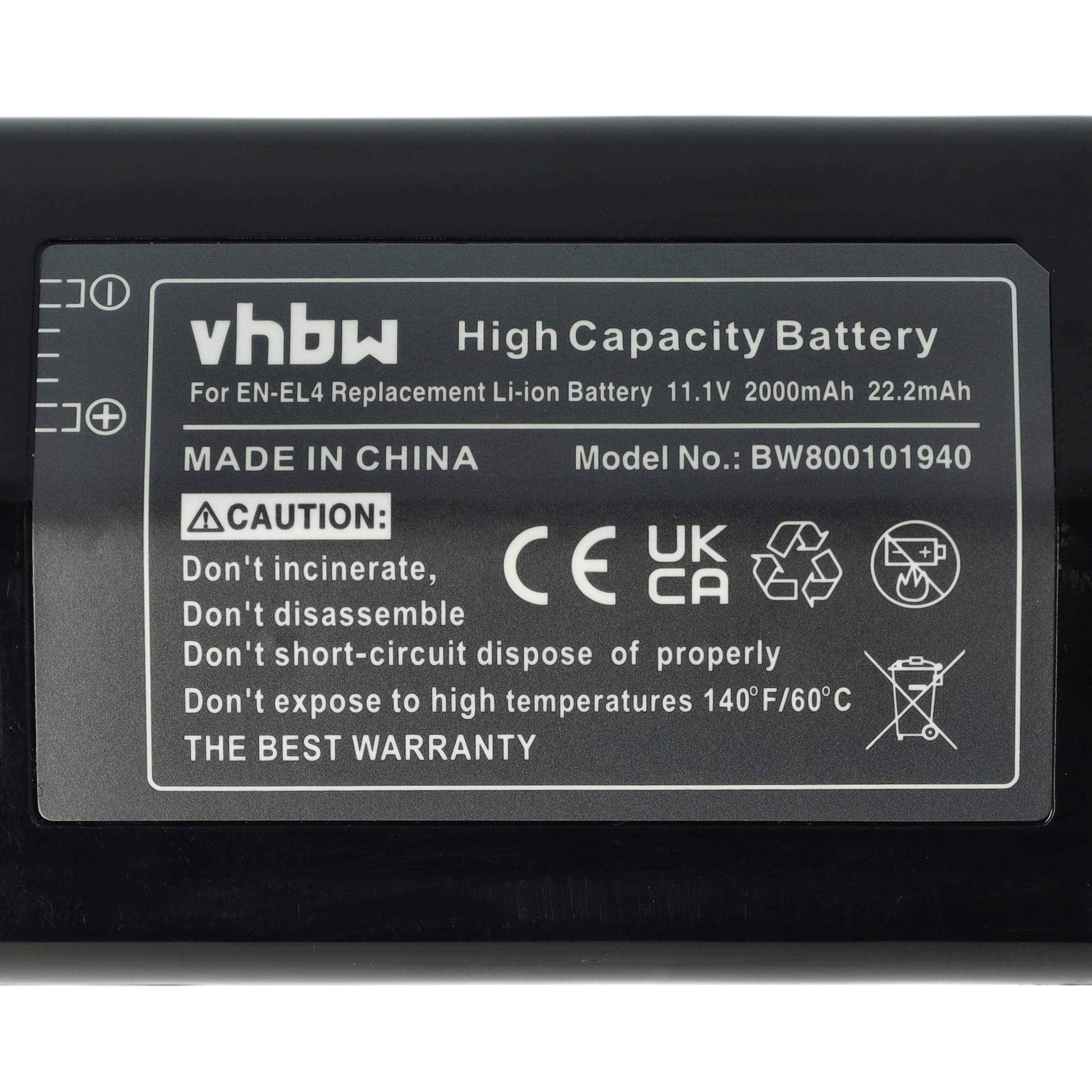 vhbw 2x Akku kompatibel mit Nikon D3, D3X, D2H, D2X, D2Hs, F6, D2Xs Kamera (2000 mAh, 11,1 V, Li-Ion) - Ersatz für EN-EL4, EN-EL4a