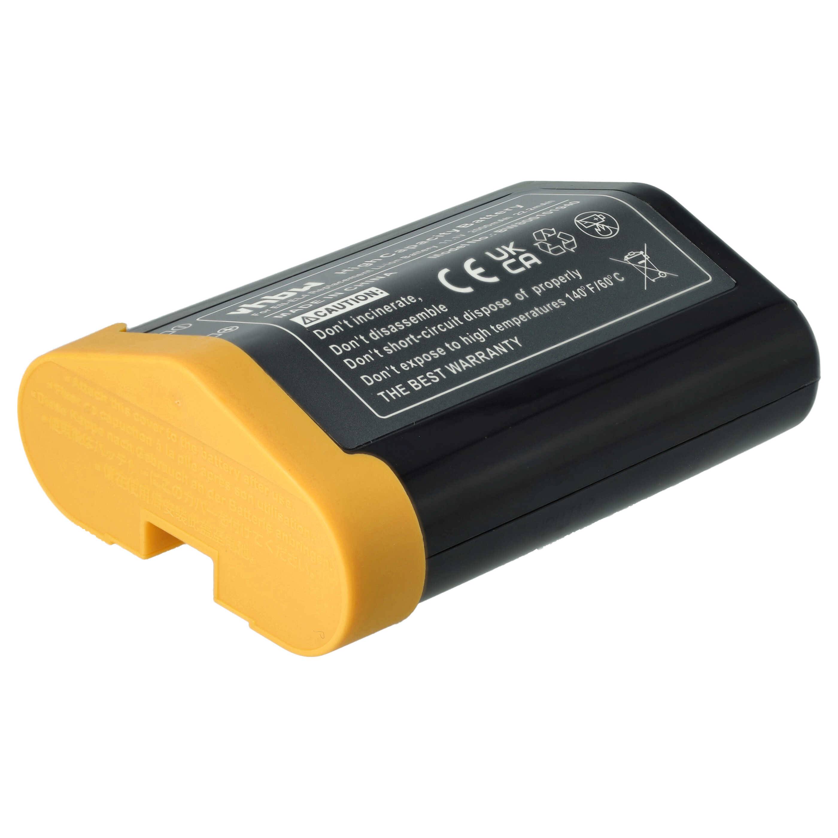 Ein rechteckiger Akku mit einer gelben Basis und schwarzem Gehäuse, auf dem Vorsichtssymbole und Text über Verwendungsbeschränkungen für elektronische Geräte angebracht sind.
