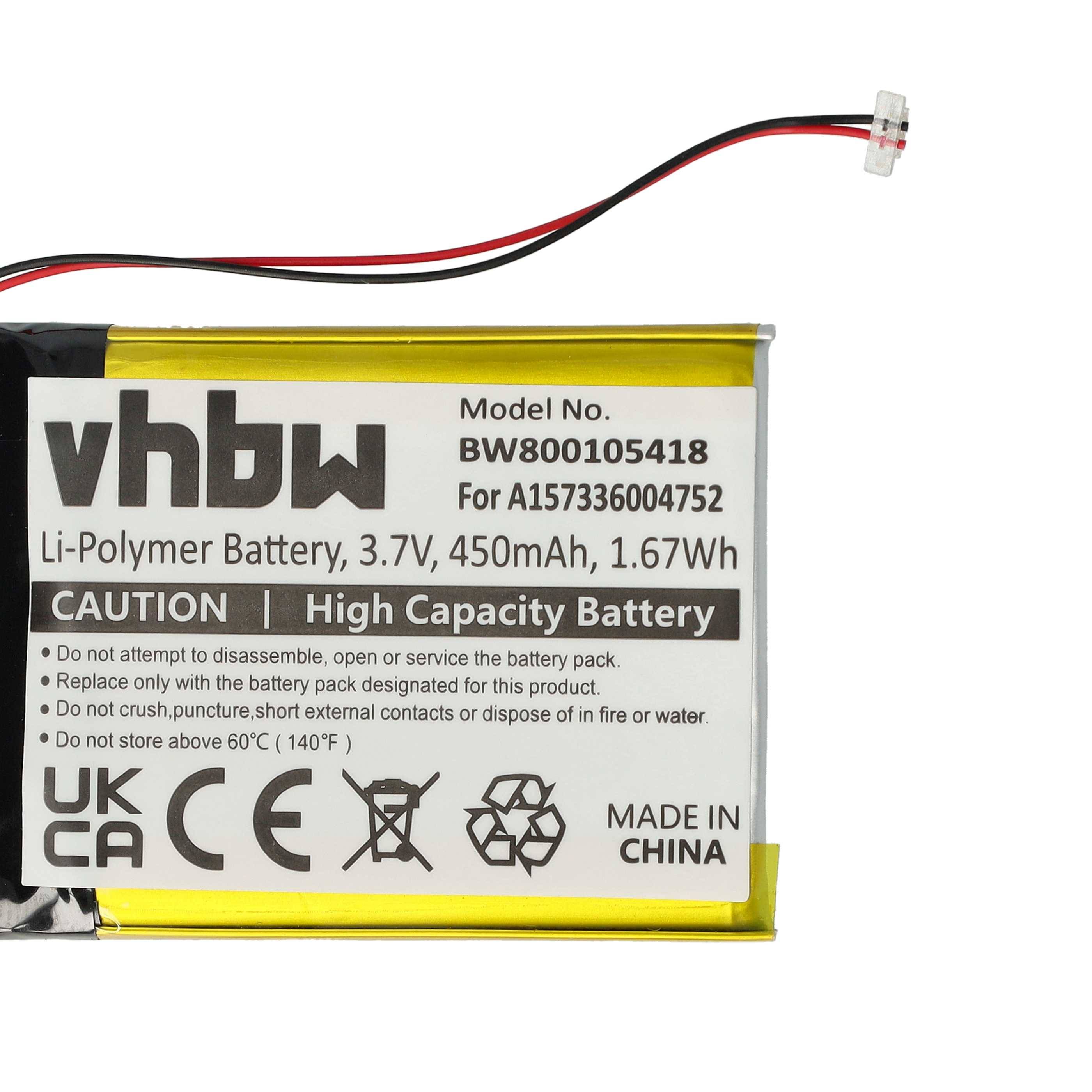 Eine wiederaufladbare Li-Polymer-Batterie mit der Bezeichnung 'vhbw' mit folgenden Spezifikationen: 3,7V, 450mAh, 1,67Wh. Warnhinweise umfassen das Vermeiden von Hitze und unsachgemäßer Verwendung. Hergestellt in China.