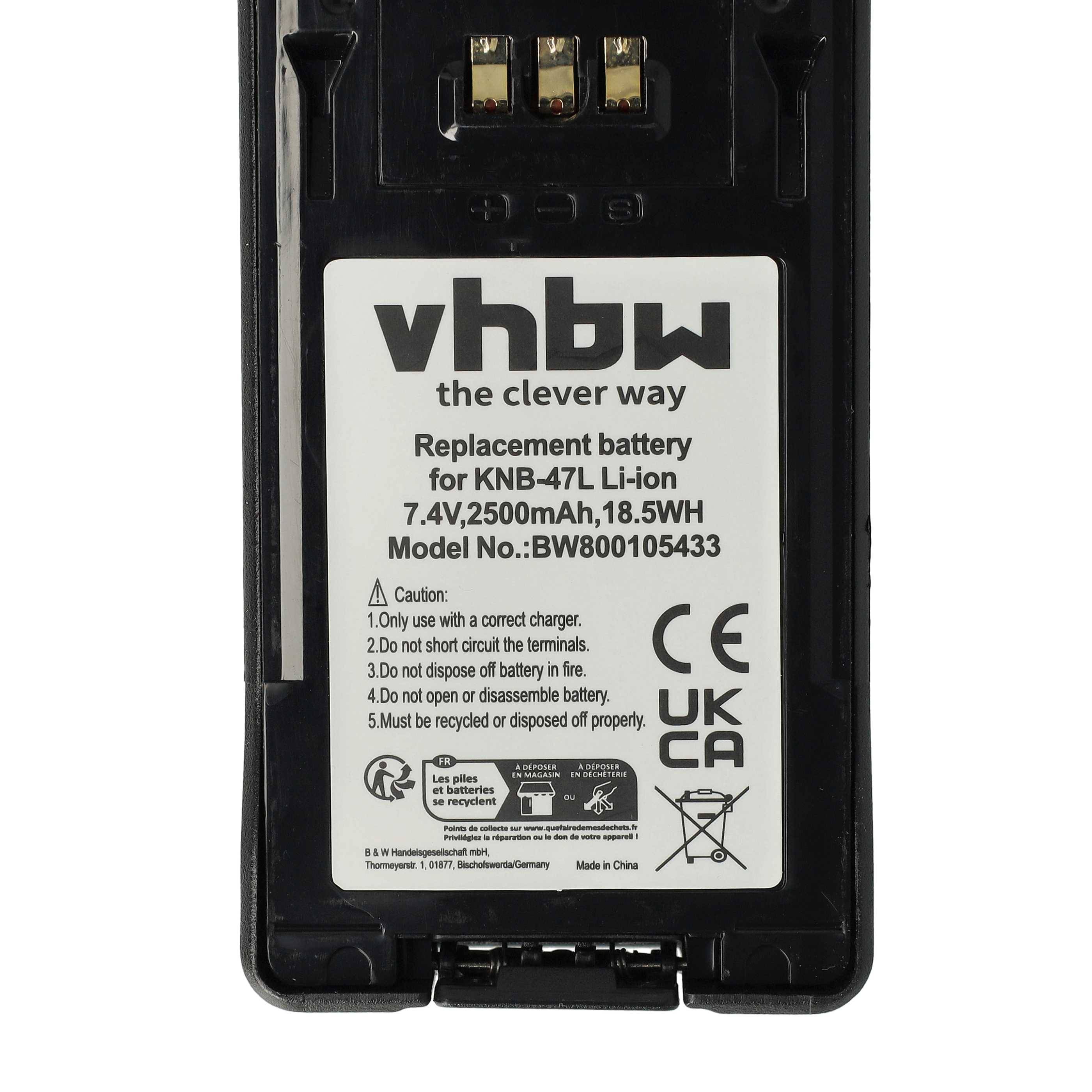 Ein Ersatzakku mit der Bezeichnung 'vhbw die clevere Art' für KNB-47L Li-Ion, 7,4V, 2500mAh, 18,5Wh. Modell: BW800105433. Enthält Warnhinweissymbole.