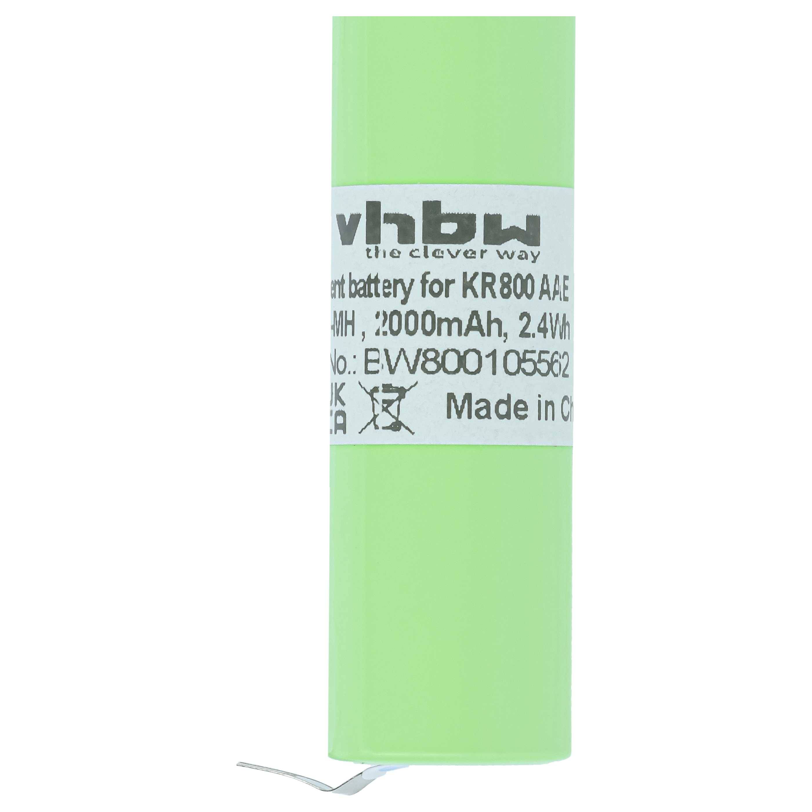 Grüner aufladbarer Akku mit der Aufschrift "vhbw"" und ""2000mAh, 2.4Wh"" auf weißem Hintergrund.