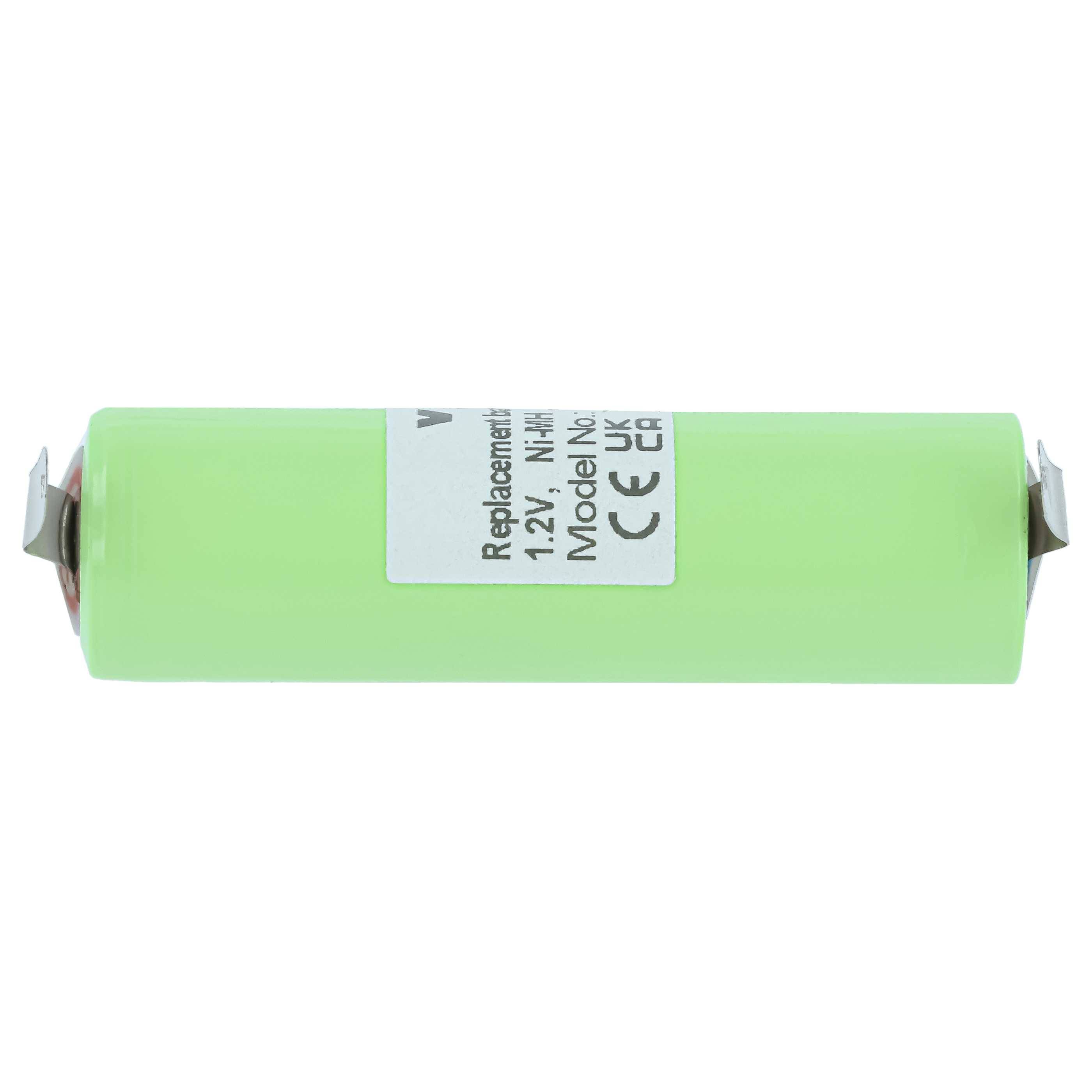 Grüne zylindrische wiederaufladbare Batteriezelle mit Metallendkappen und einem Etikett mit der Aufschrift „Ersatz 1,2V Ni-MH" auf weißem Hintergrund.