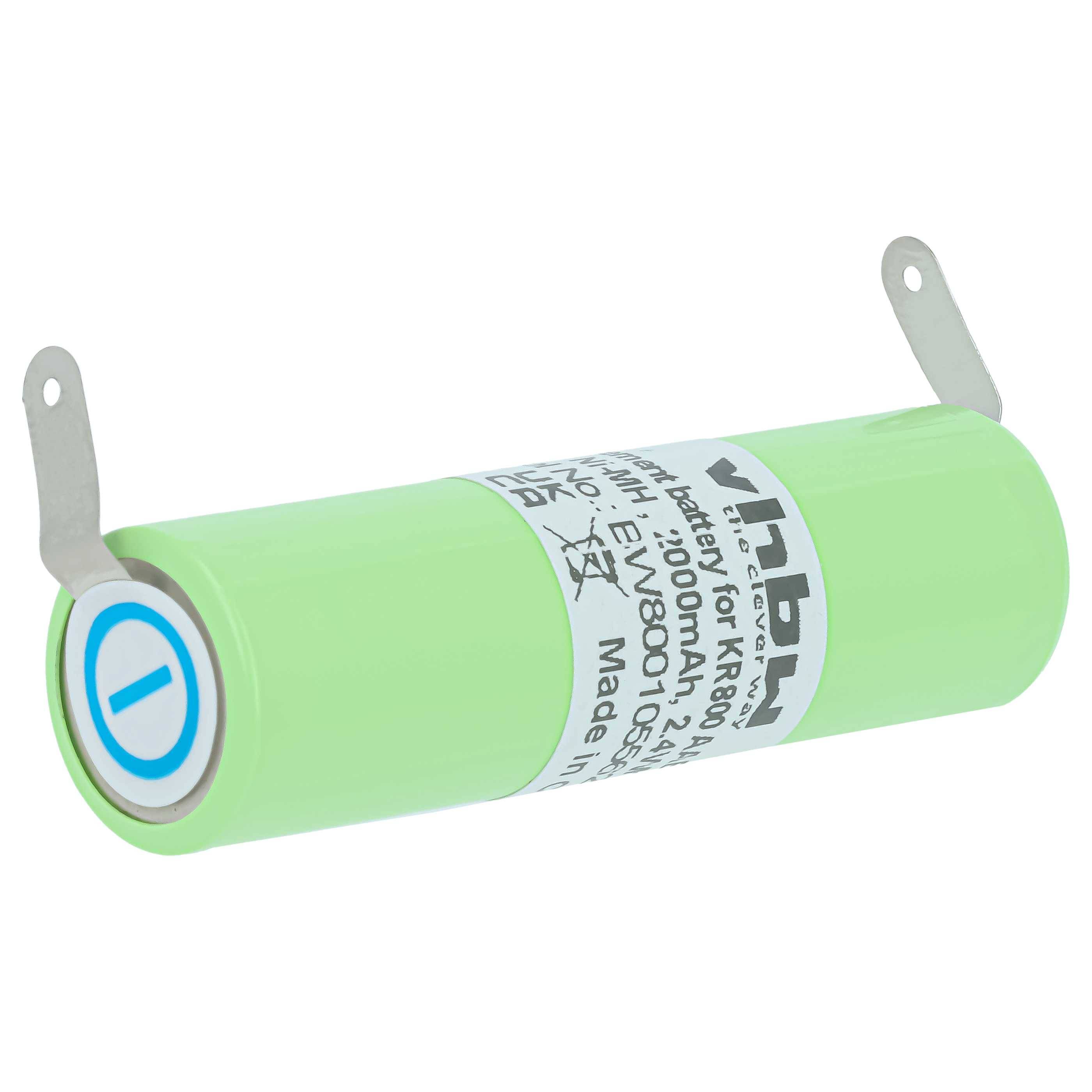 Grüne zylindrische wiederaufladbare Batteriezelle mit Metallfahnen und bedrucktem Etikett, auf weißem Hintergrund dargestellt.