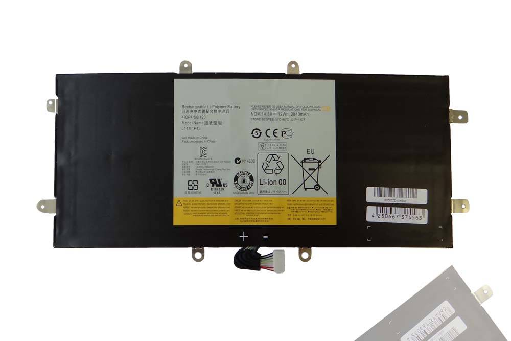 Aufladbarer Li-Polymer Akkuaufkleber mit Spezifikationen, Sicherheitssymbolen und Barcode. Enthält Vorsichts- und Recyclinganweisungen.