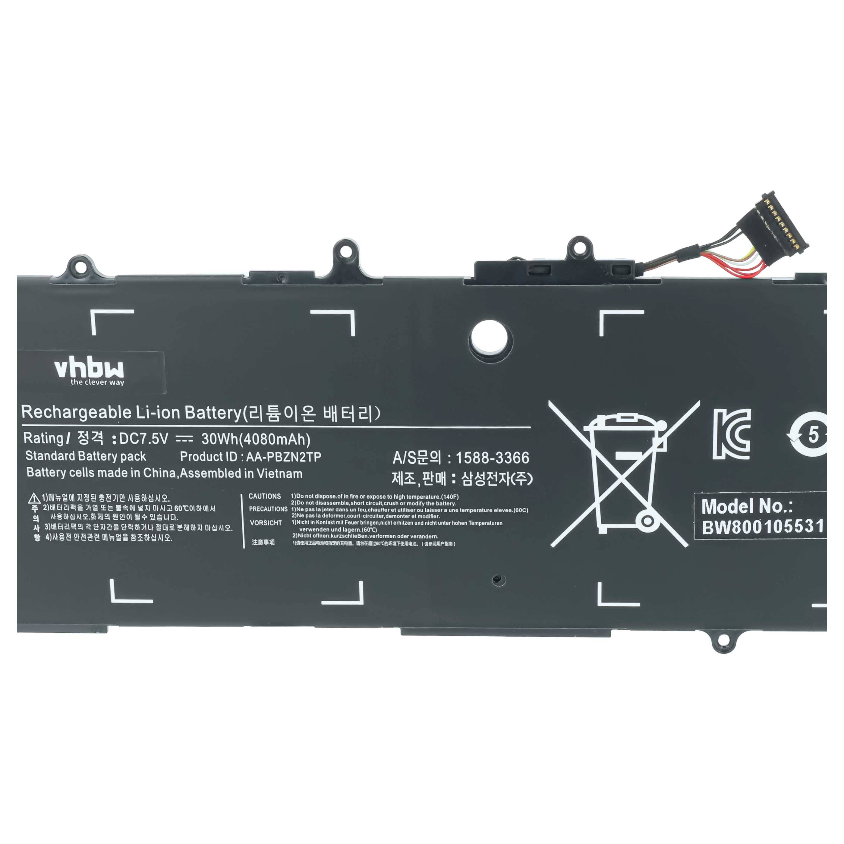 vhbw Akku kompatibel mit Samsung NP905S3G-K01ES, NP905S3G-K01DE, NP905S3G-K01CZ Notebook (4080 mAh, 7,5 V, Li-Polymer)