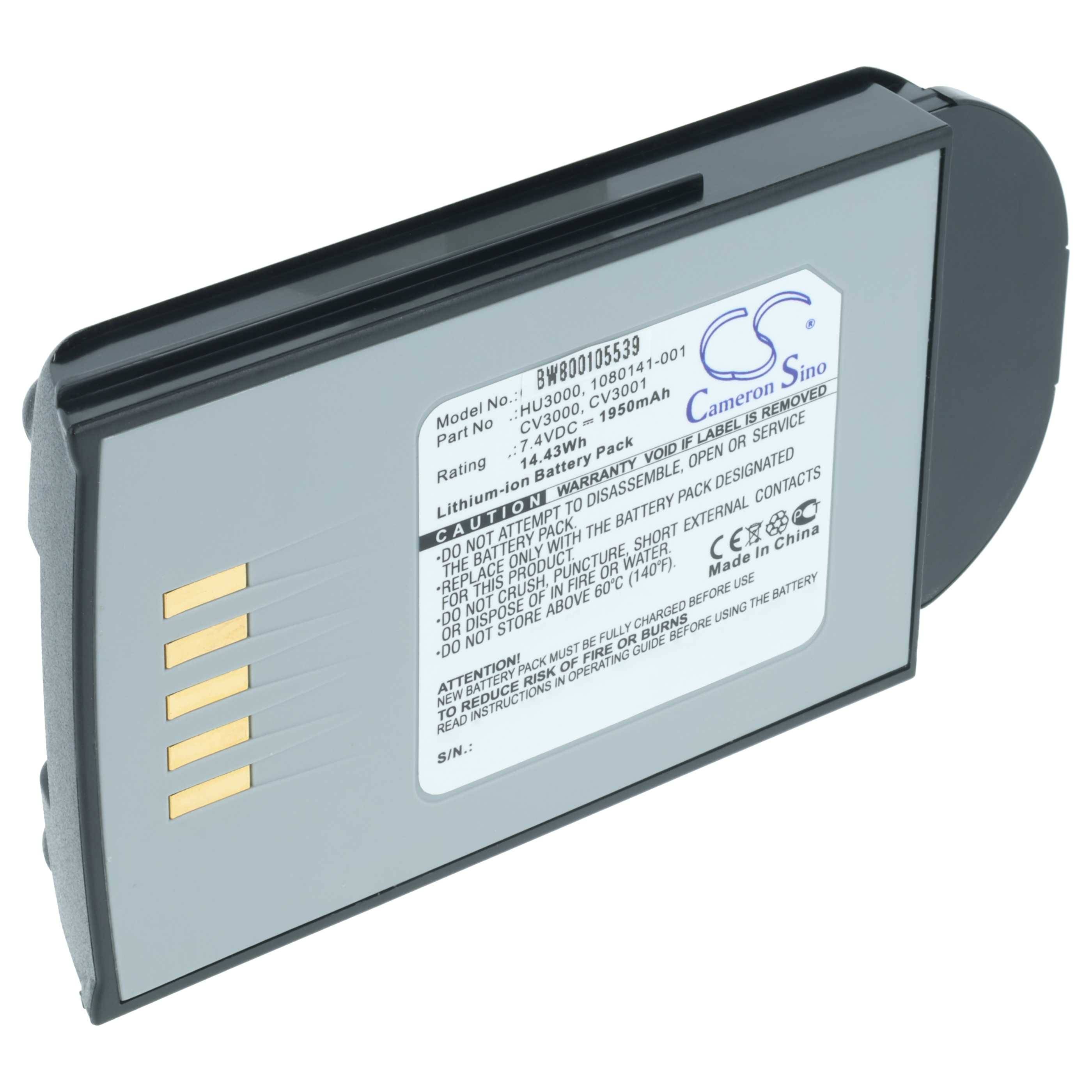 Ein rechteckiger Lithium-Ionen-Akkupack mit einem Etikett, das die Modellnummer, Spannung, Kapazität und Warnhinweise zeigt.