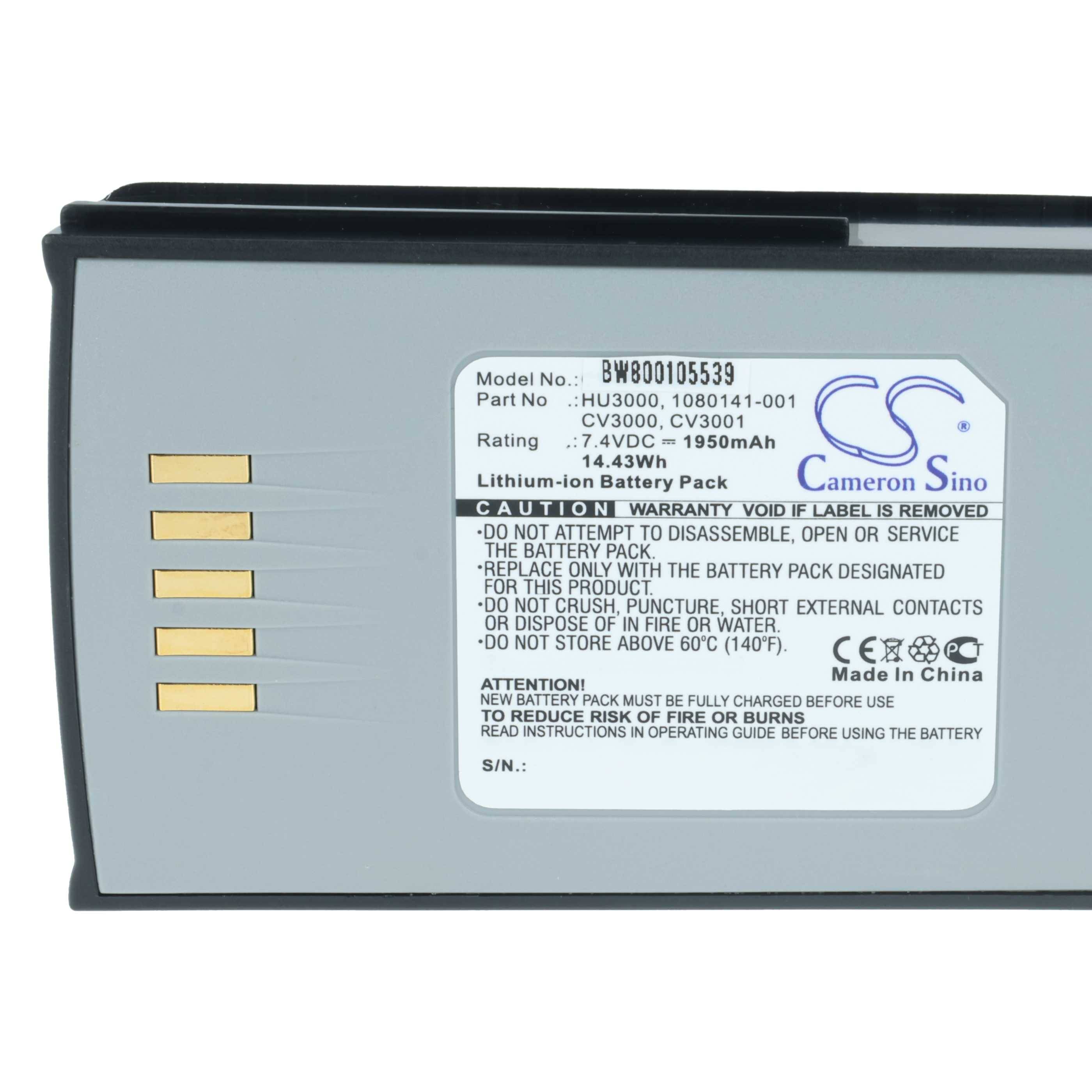 Batteriepack-Etikett mit Modell: 'BW900105539', Spannung: '7,4V', Kapazität: '1950mAh', Warnhinweise: 'Nicht verbrennen' und 'Nicht zerlegen'.