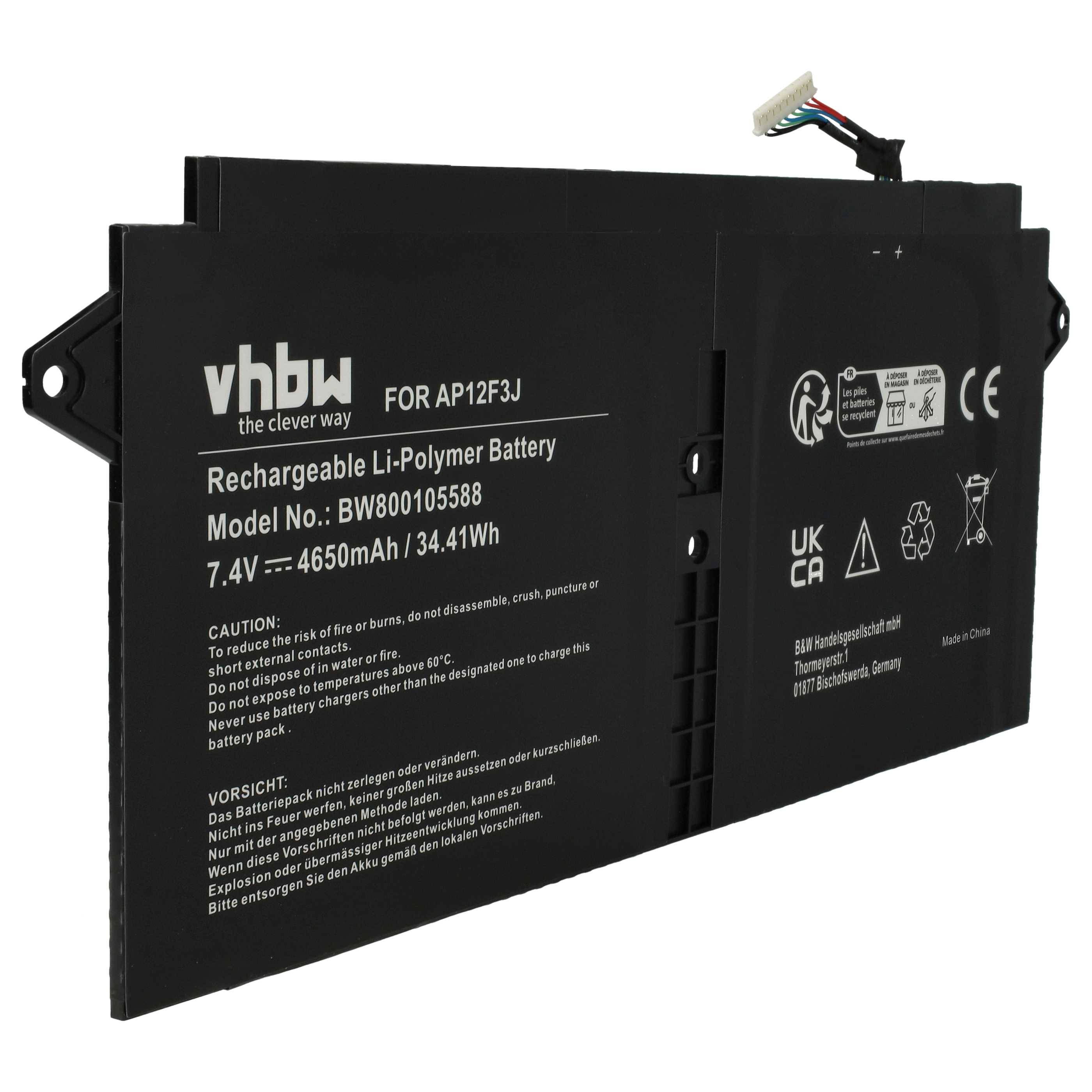 vhbw Akku Ersatz für Acer KT.00403.009, AP12F3J, 2ICP3/65/114-2 für Notebook (4650 mAh, 7,4 V, Li-Polymer)