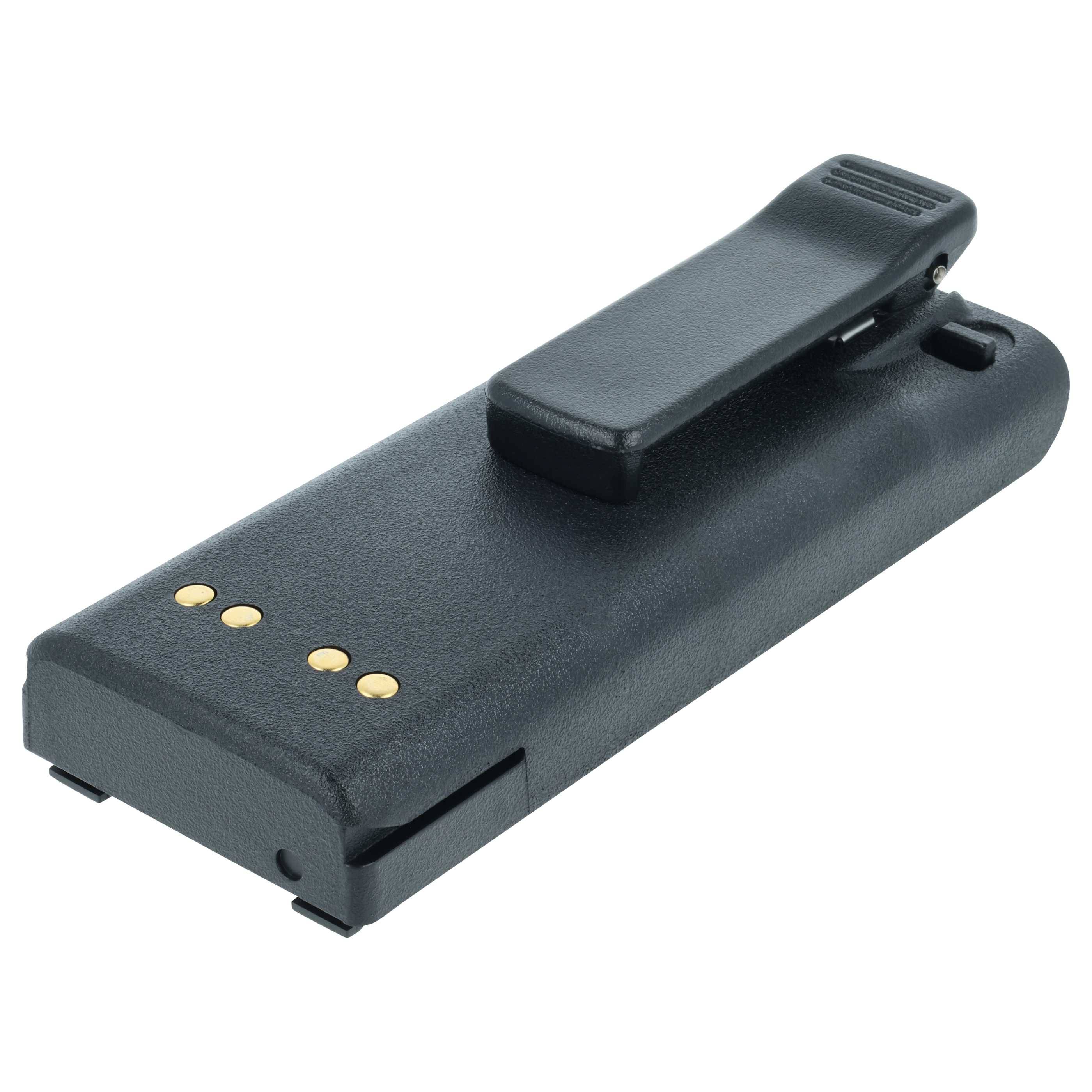 Eine schwarze Zwei-Wege-Funkbatterie mit Gürtelclip, die drei goldene Kontaktpunkte an der Seite aufweist.