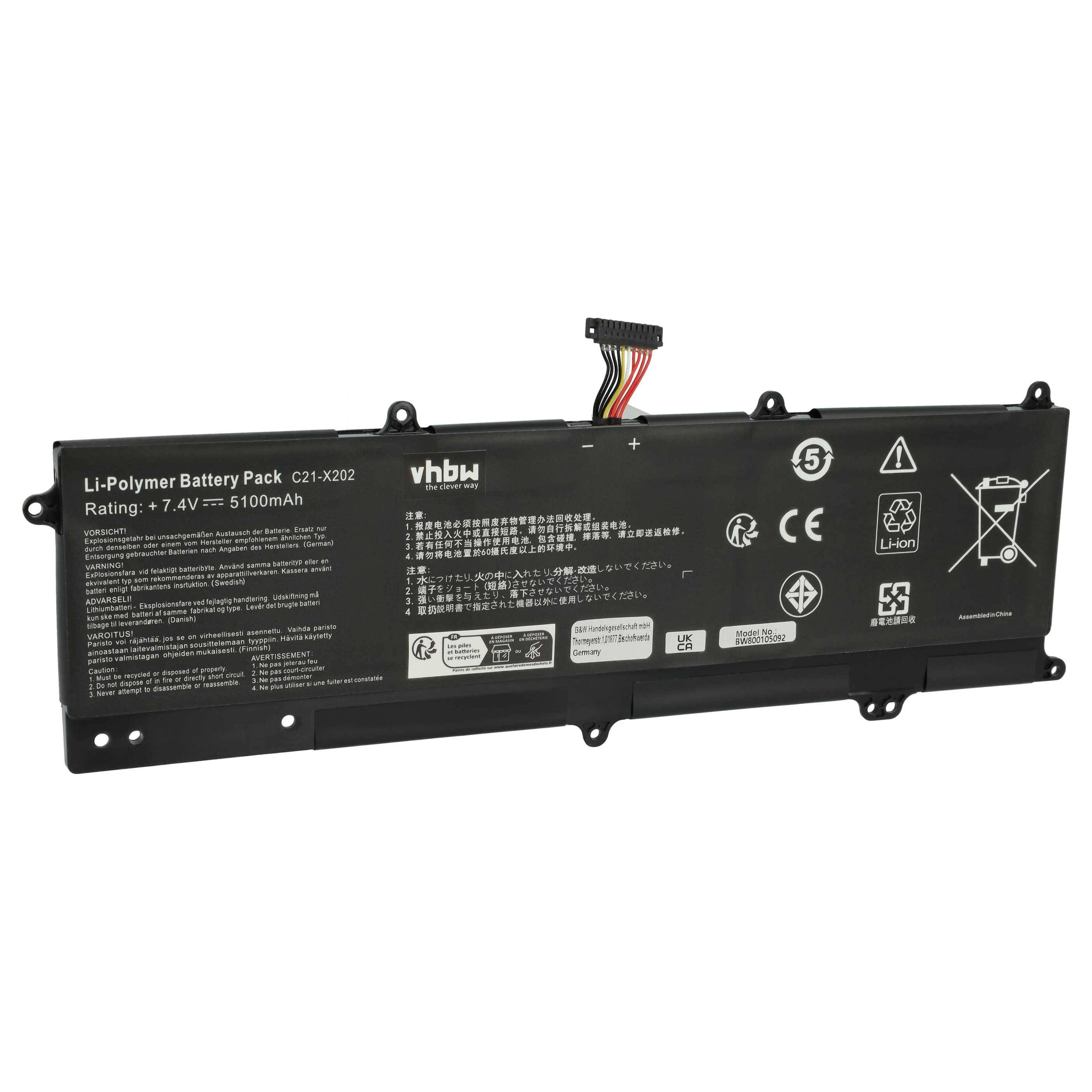 vhbw Akku kompatibel mit Asus VivoBook F202E-CT133H, F202E-CT111H, F202E-CT063H, F202E-CT059H Notebook (5100 mAh, 7,4 V, Li-Polymer)