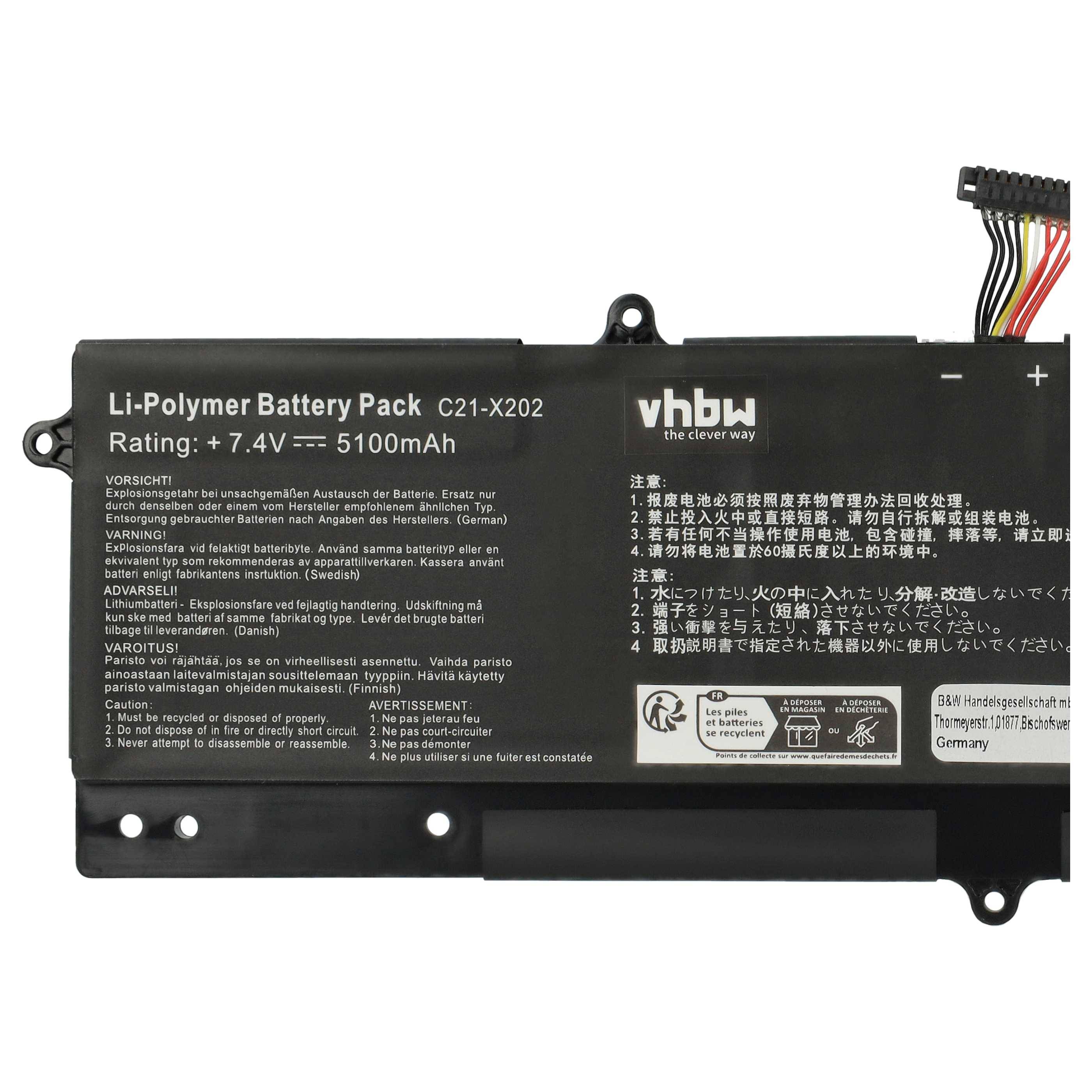 vhbw Akku kompatibel mit Asus VivoBook S200LI236, X201E-1A, X201E-1B, X201E3217E, X201, X201E Notebook (5100mAh, 7,4V, Li-Polymer)