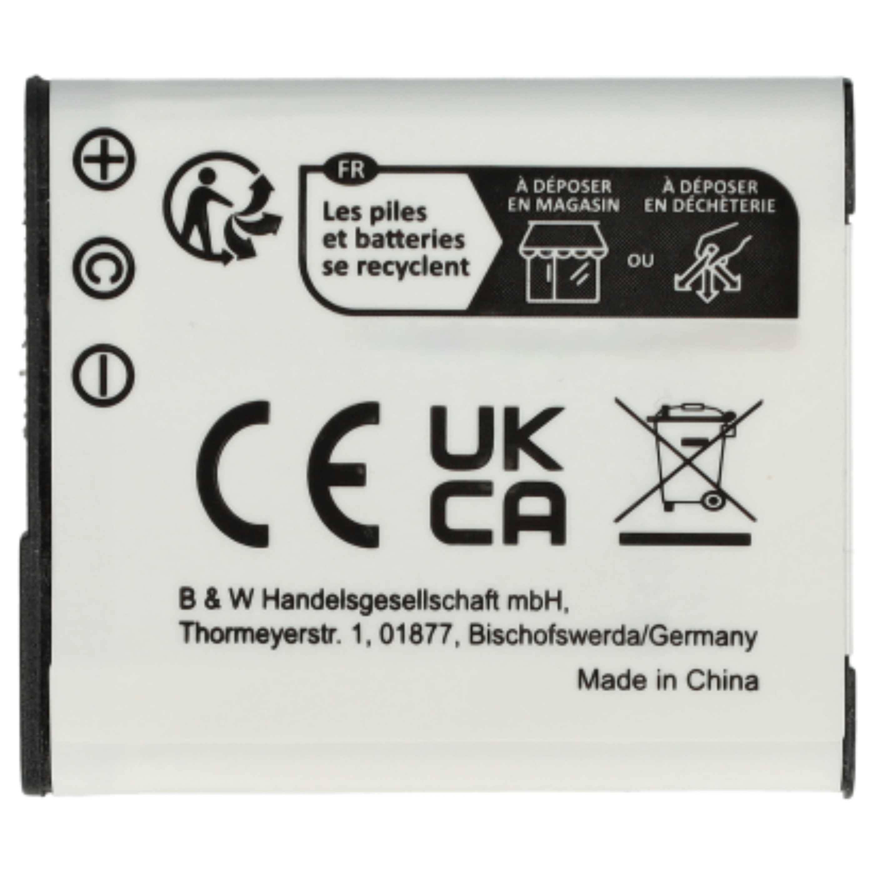 Batterie mit auf Französisch gedruckten Recyclinganweisungen. Symbole für sichere Entsorgung und Einhaltung der britischen CA-Standards. Hergestellt in China.