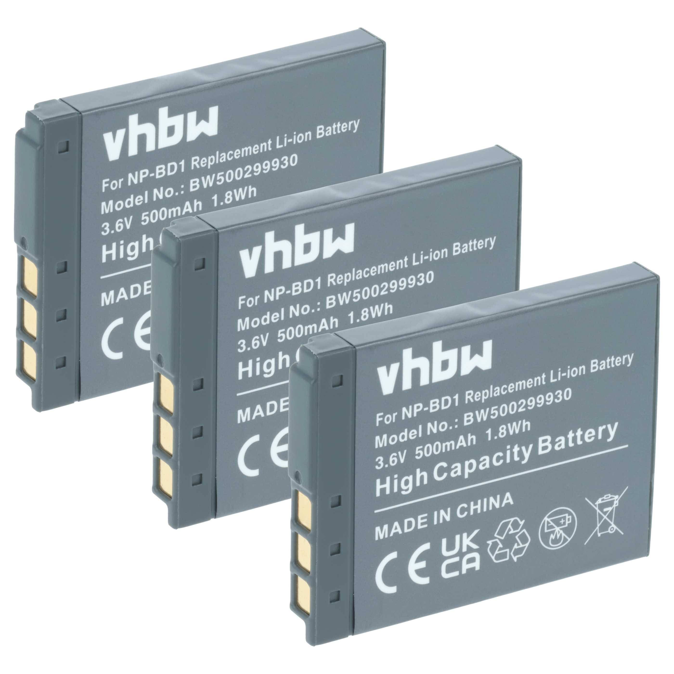 Drei vhbw NP-BD1 Ersatz-Li-Ion-Akkus werden gezeigt. Jeder hat 3,6V, 500mAh, 1,8Wh. Sie sind mit 'High Capacity Battery' gekennzeichnet.