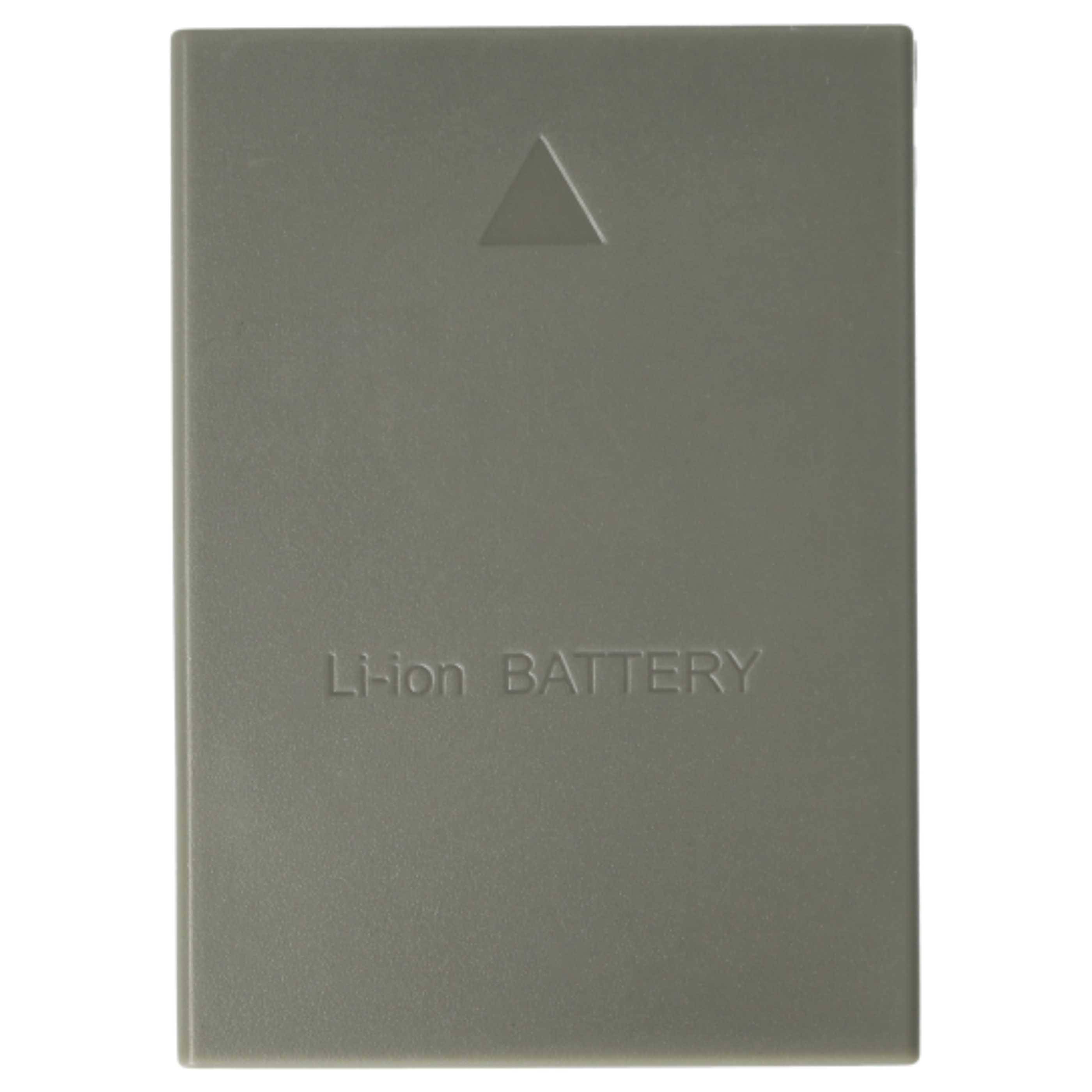 Ein rechteckiges Lithium-Ionen-Akku-Pack, grau gefärbt, mit einem geprägten Dreieck und der Aufschrift „Li-ion BATTERY