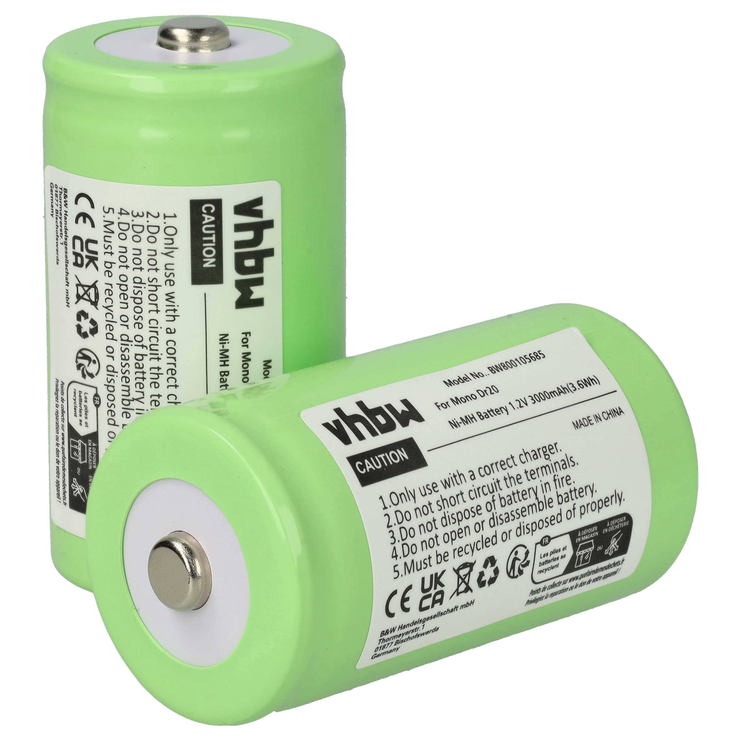 Zwei grüne wiederaufladbare Batterien mit Etiketten, die Sicherheitsanweisungen und Spezifikationen zeigen, einschließlich Spannung und Recyclinginformationen.