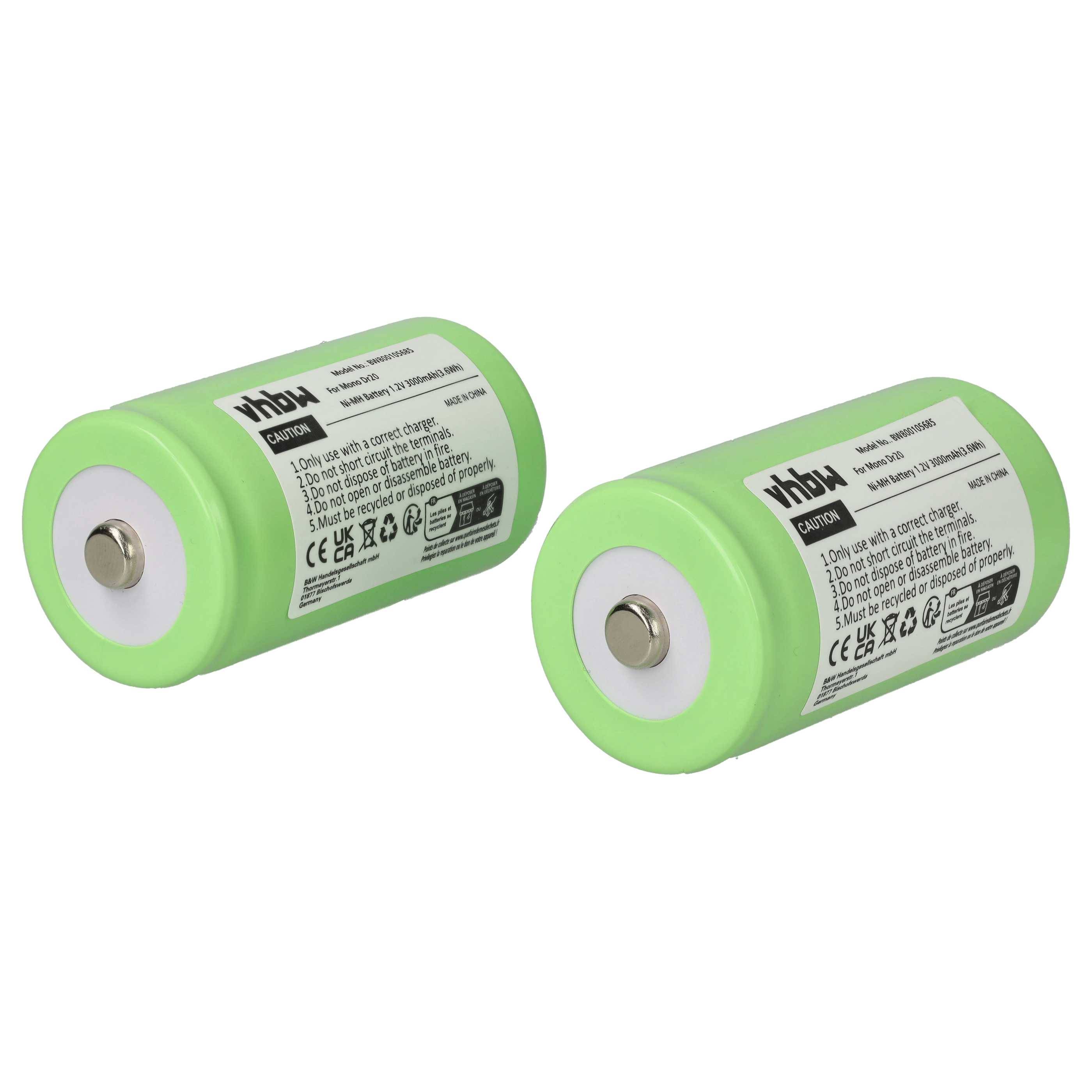 Zwei grüne zylindrische wiederaufladbare Batterien mit Etiketten, die Sicherheitsvorkehrungen und Symbole enthalten. Die Batterien sind nebeneinander positioniert.