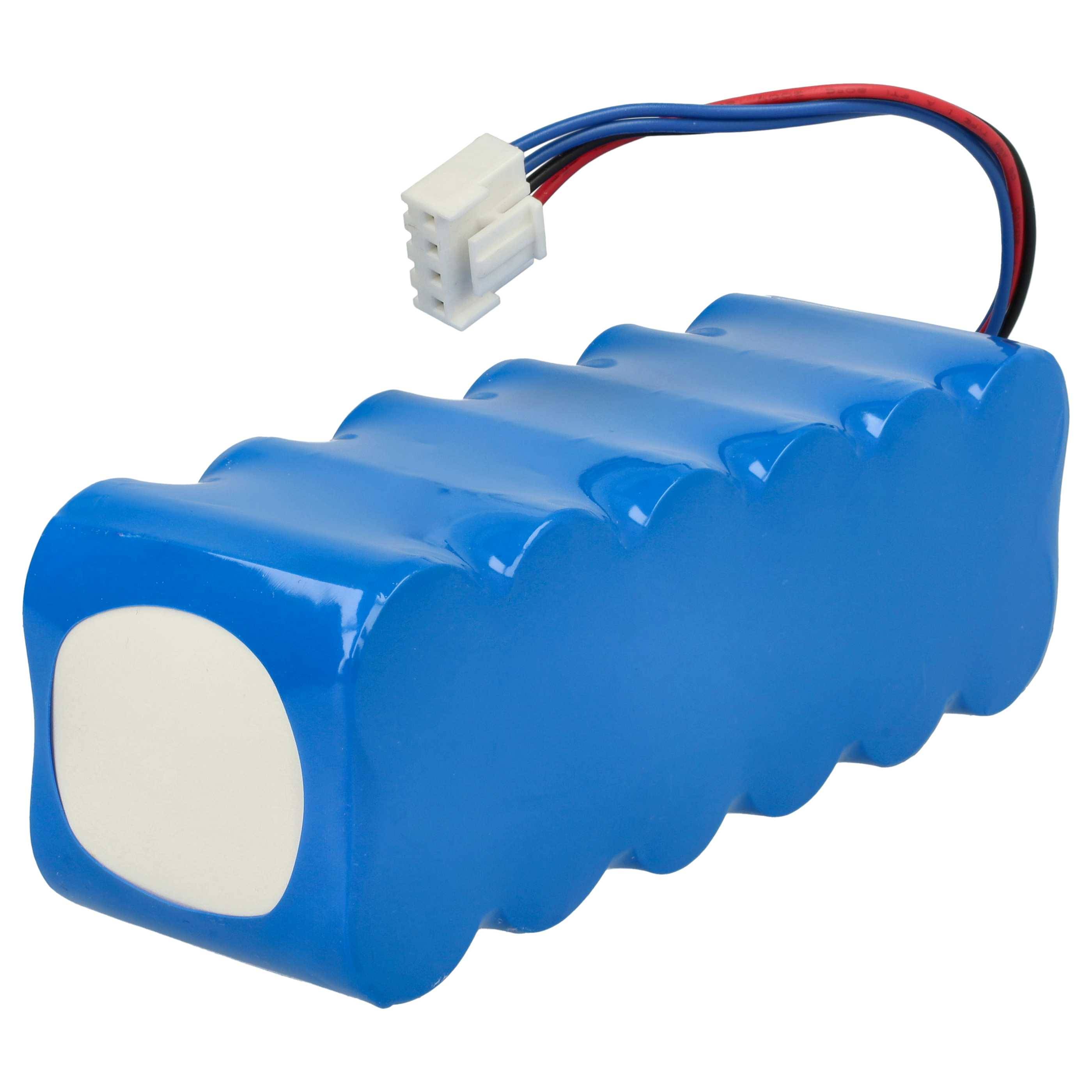 Ein blauer Batteriepacks mit fünf Zellen, verbunden durch rote und schwarze Kabel an einem weißen Stecker.