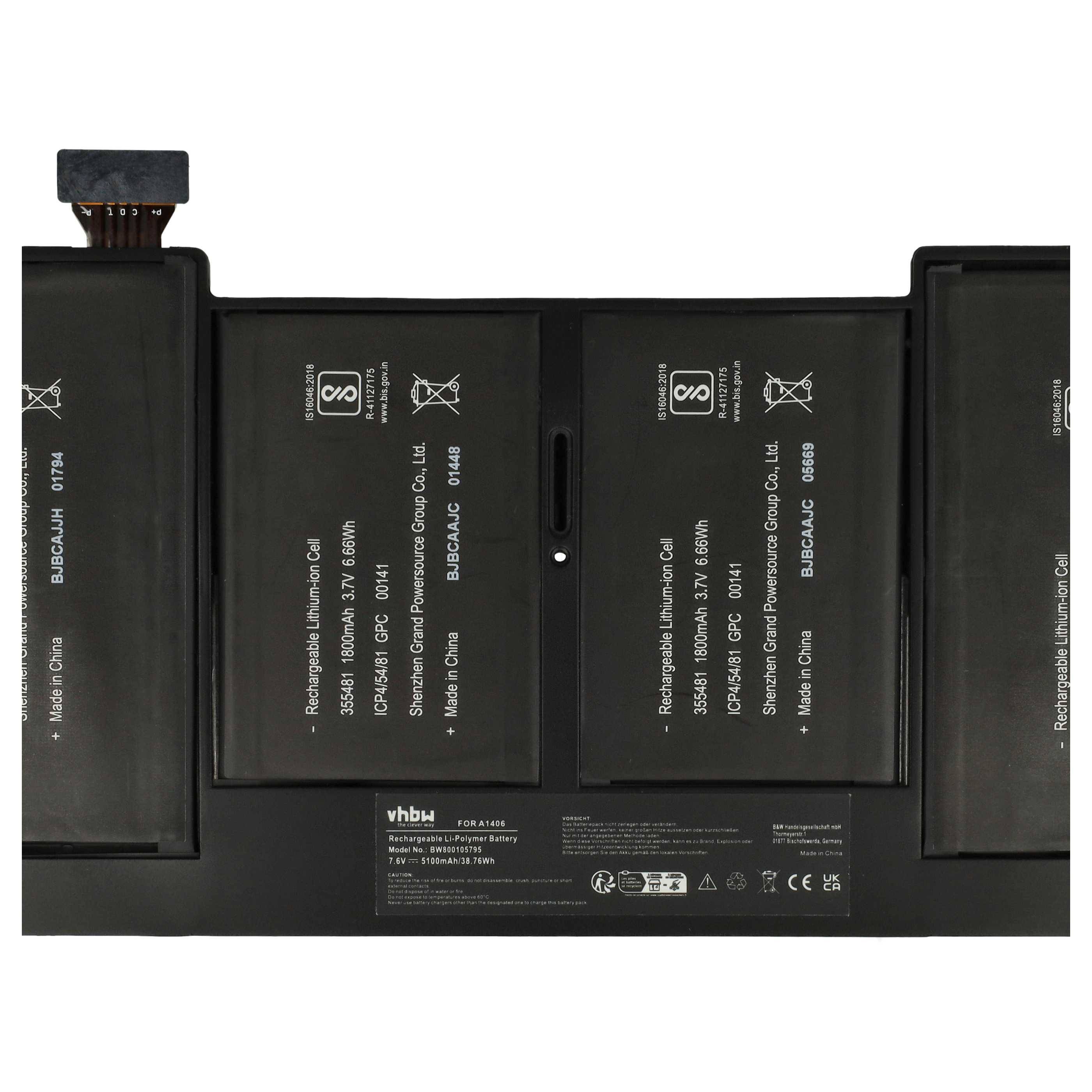 vhbw Akku kompatibel mit Apple MacBook Air 11" A1465 2013, Core i5 1.3 11" Mid-2013 Notebook (5100 mAh, 7,6 V, Li-Polymer)