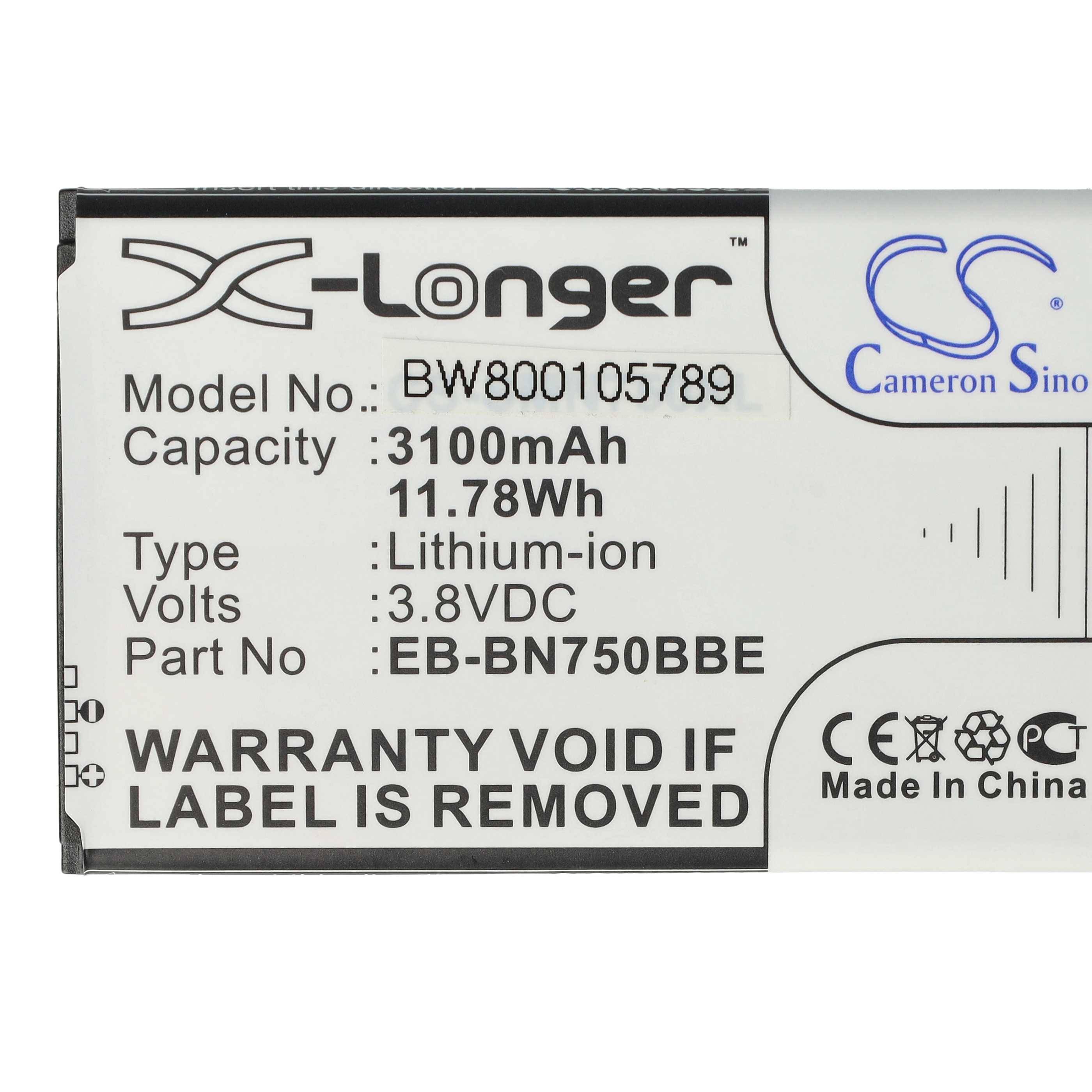Batterie-Etikett mit Aufschrift 'X-Longer Modell: BW800105789' mit Details: Kapazität 3100mAh, Typ Lithium-Ionen, Spannung 3,8V, 'Garantie erlischt bei Entfernung des Etiketts'.