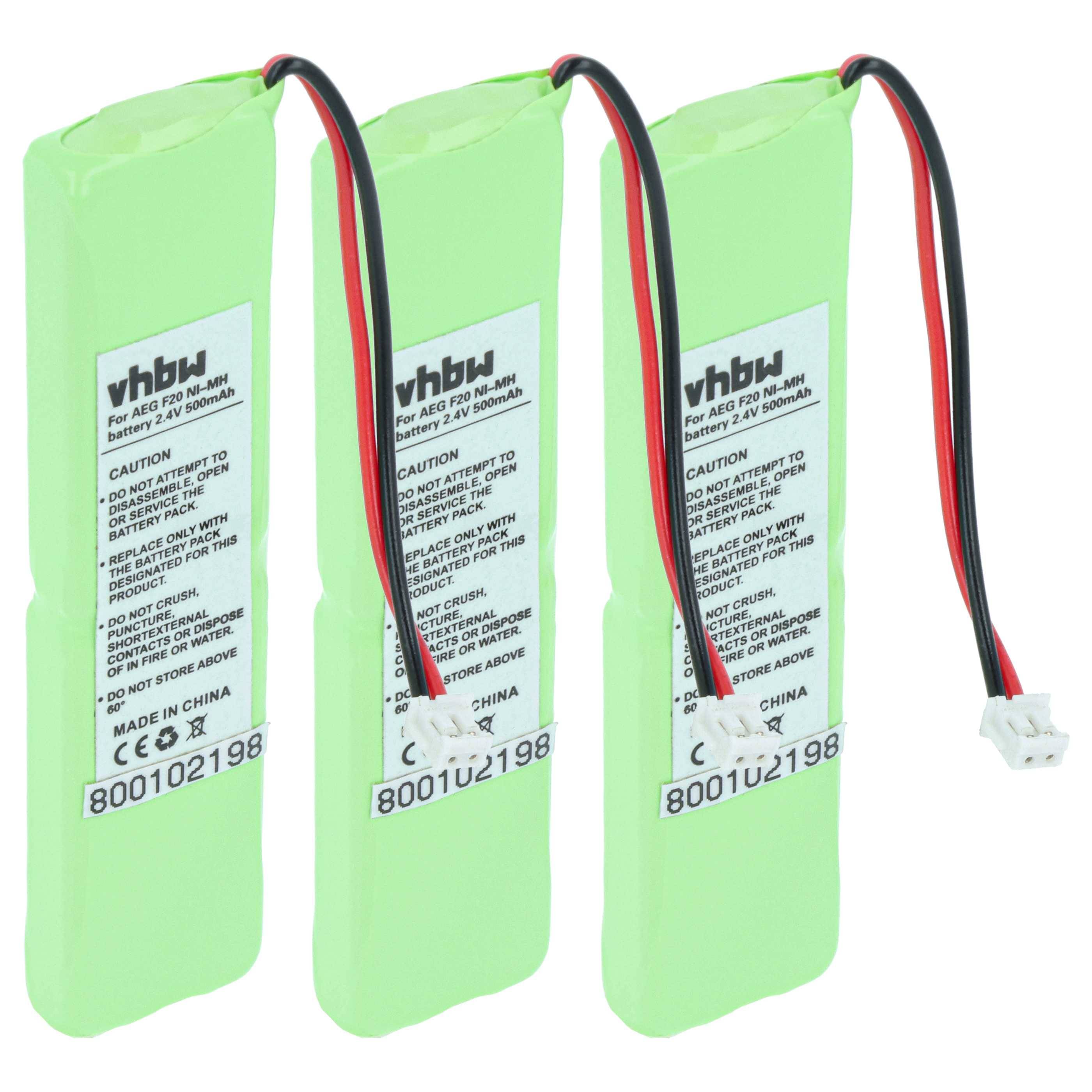 Drei grüne wiederaufladbare Batterien mit der Bezeichnung 'vhbw', jeweils mit zwei Drähten und einem weißen Stecker, konzipiert für schnurlose Telefone.