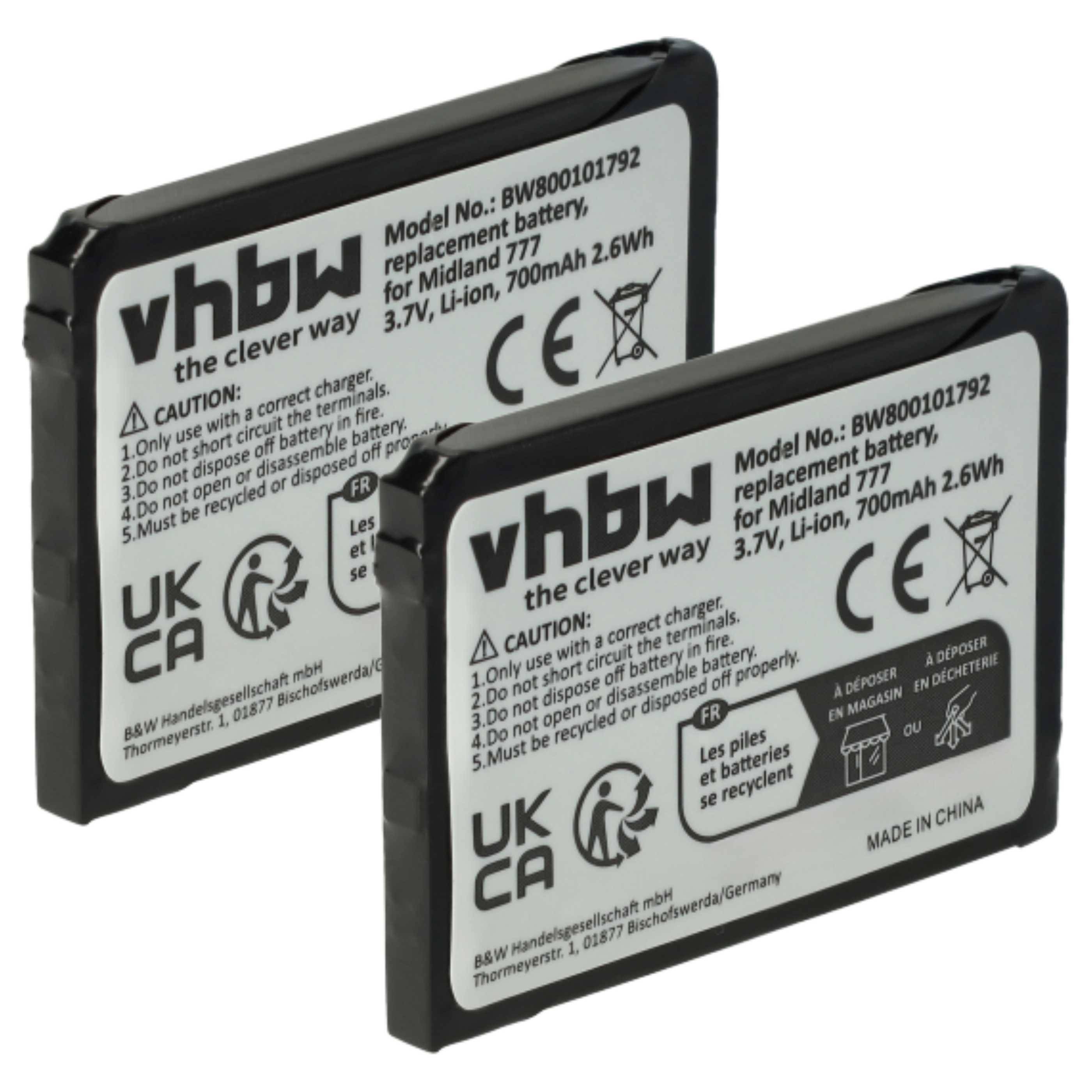 vhbw 2x Akku Ersatz für Alan FB-777 für Funkgerät, Walkie Talkie (700 mAh, 3,7 V, Li-Ion)