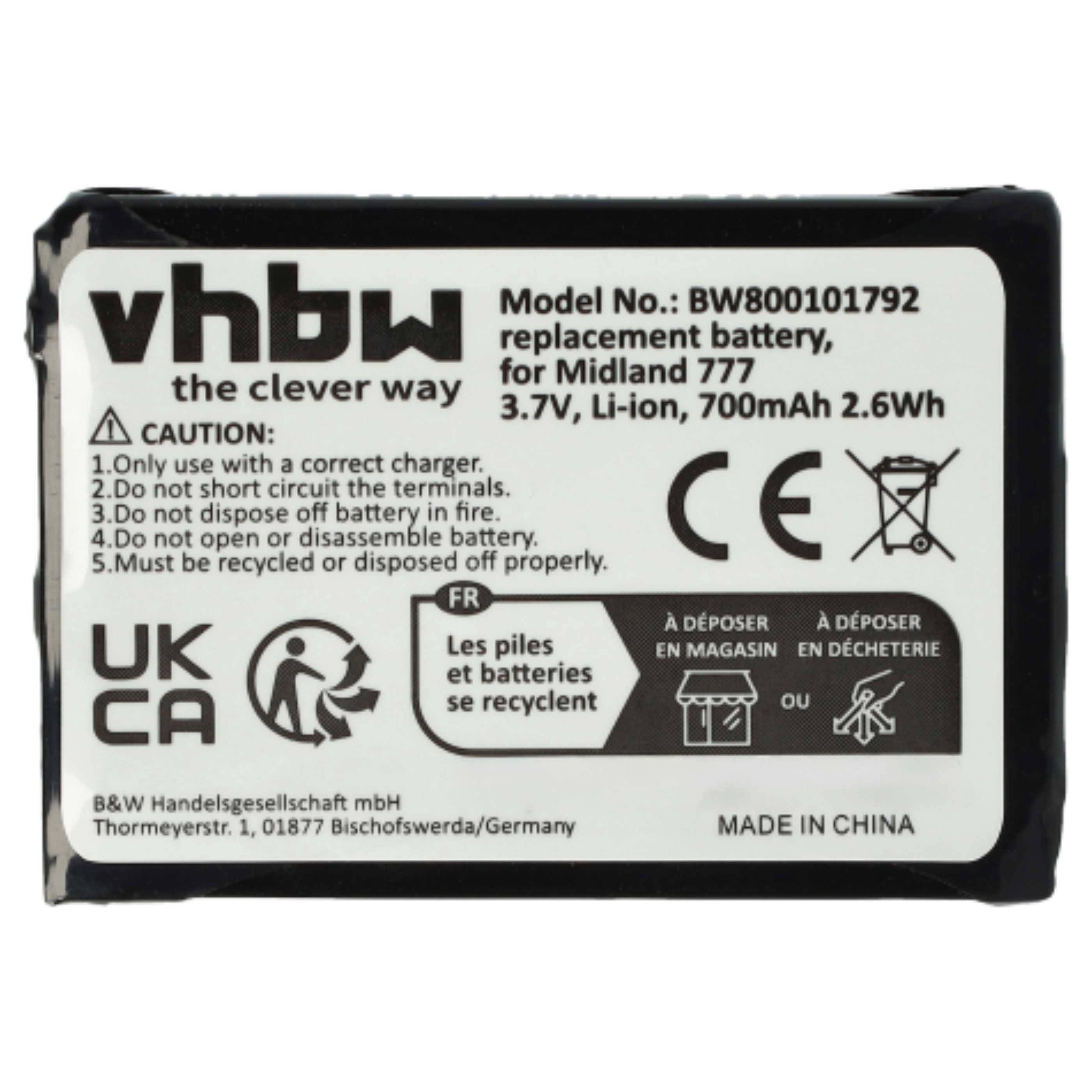 vhbw 2x Akku kompatibel mit Midland PMR446, PMR446+, 777 Funkgerät, Walkie Talkie (700 mAh, 3,7 V, Li-Ion)