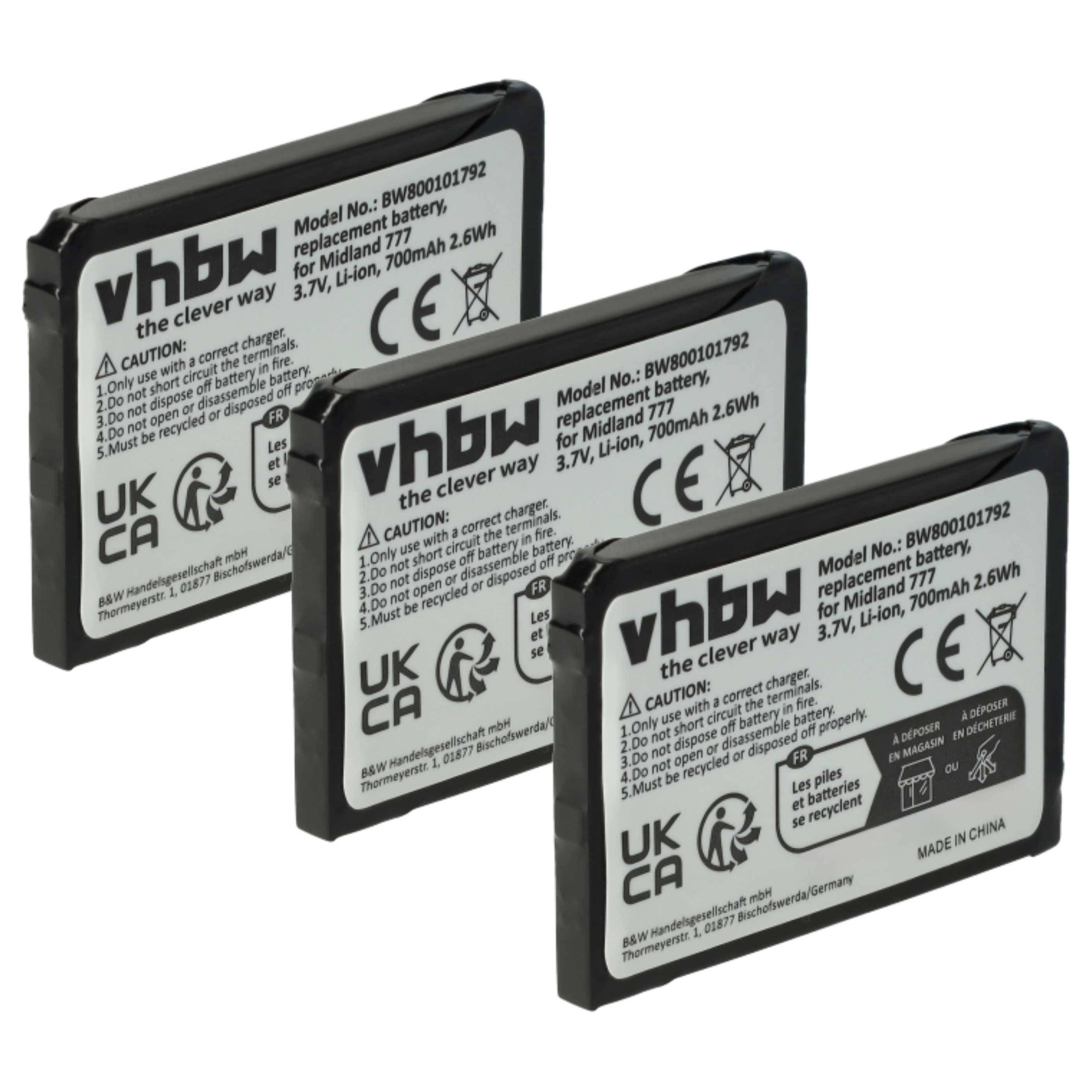 Drei vhbw Lithium-Ionen-Ersatzbatterien für Midland 777, jeweils 3,7V und 700mAh, gezeigt mit Etiketten, die Spezifikationen und Sicherheitssymbole anzeigen.