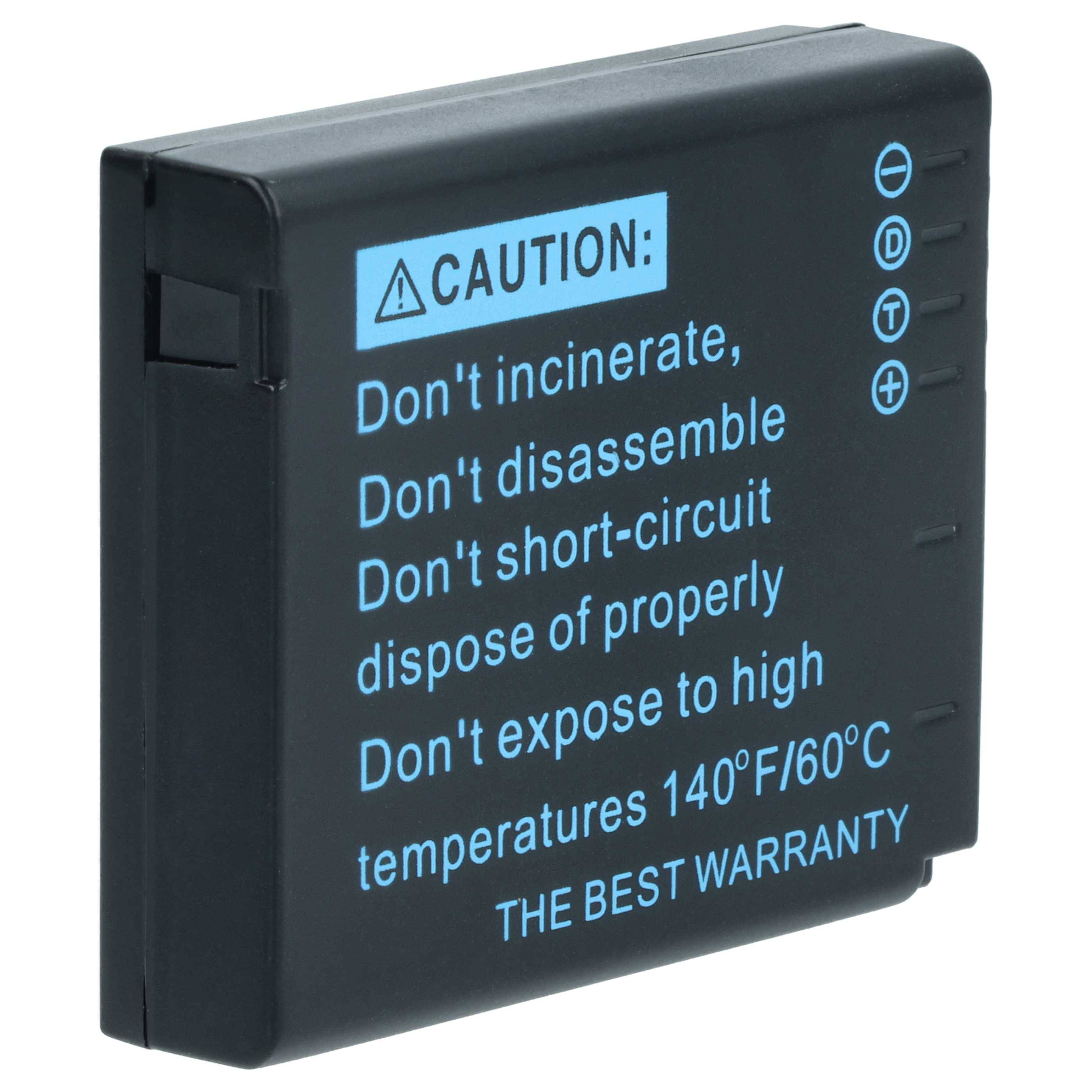 Eine schwarze Batterie mit Vorsichtshinweisen: „Nicht verbrennen, zerlegen, kurzschließen oder Temperaturen über 140°F/60°C aussetzen.