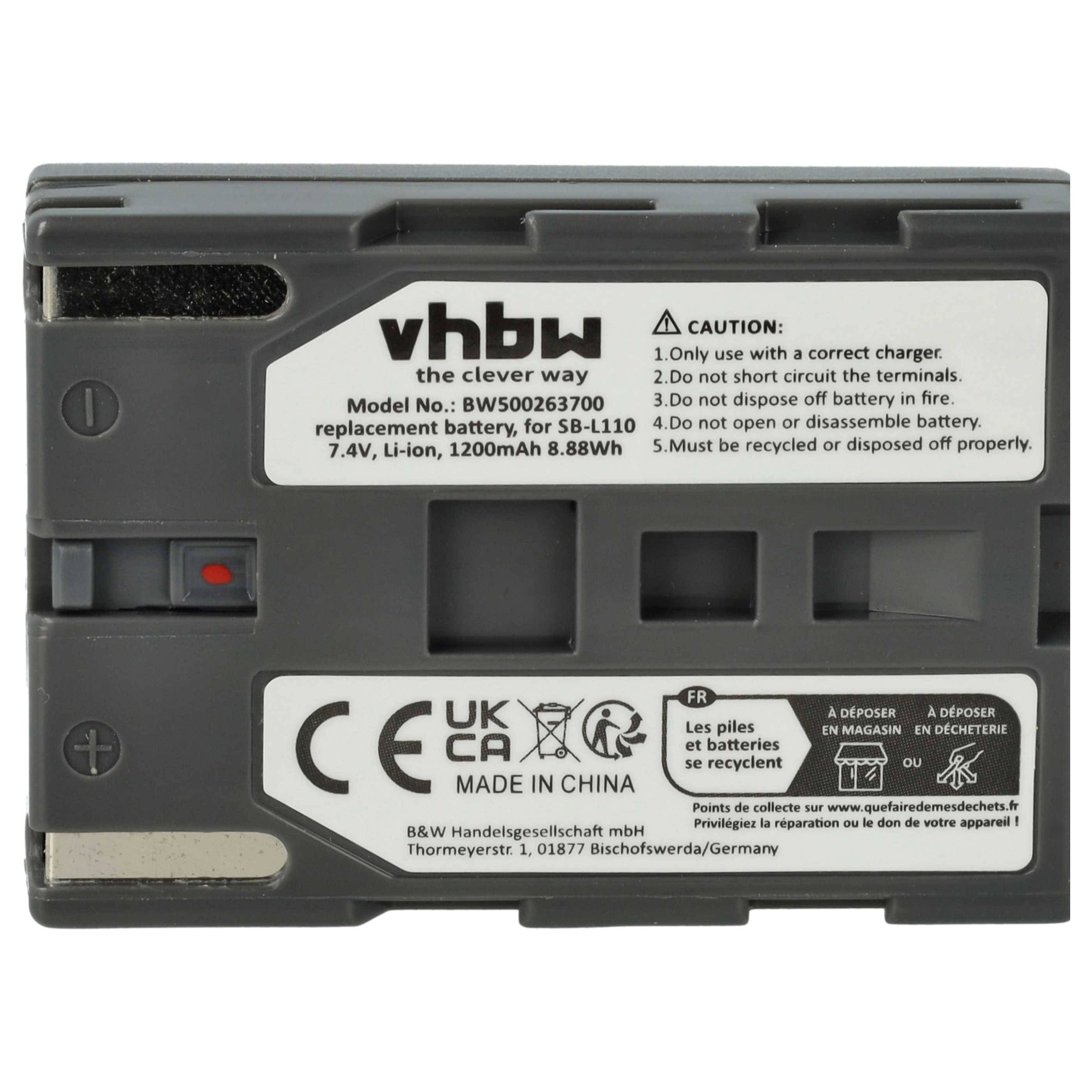 Batterie mit Markierung, Modell 'BW05026370', 1200mAh, 7,4V. Etikett zeigt Sicherheitshinweise: richtiges Ladegerät verwenden, fachgerecht entsorgen, Demontage vermeiden.