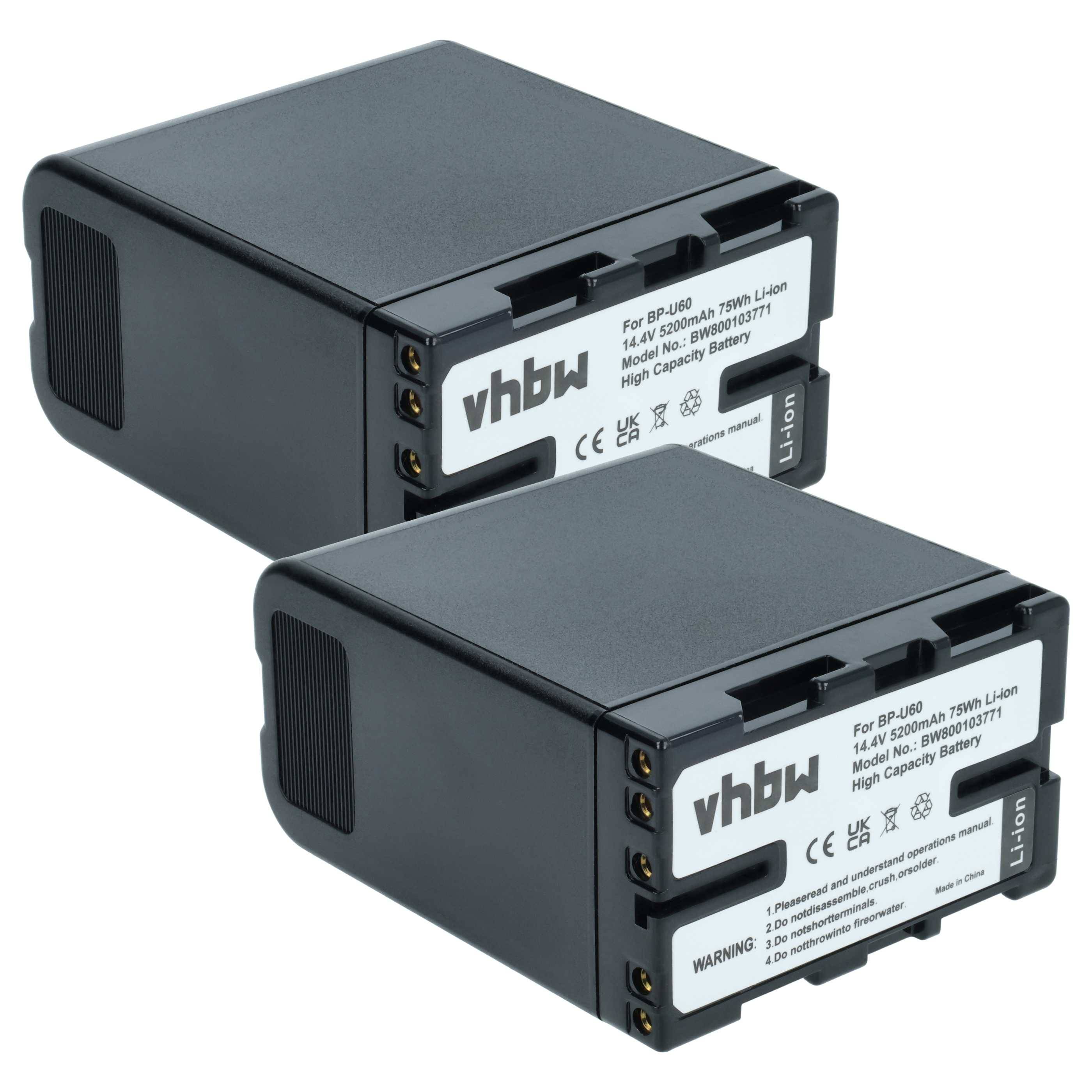 Zwei schwarze wiederaufladbare vhbw Lithium-Ionen-Batterien mit der Bezeichnung BP-U60, 14,4V, 5200mAh, 74,9Wh, nebeneinander dargestellt.