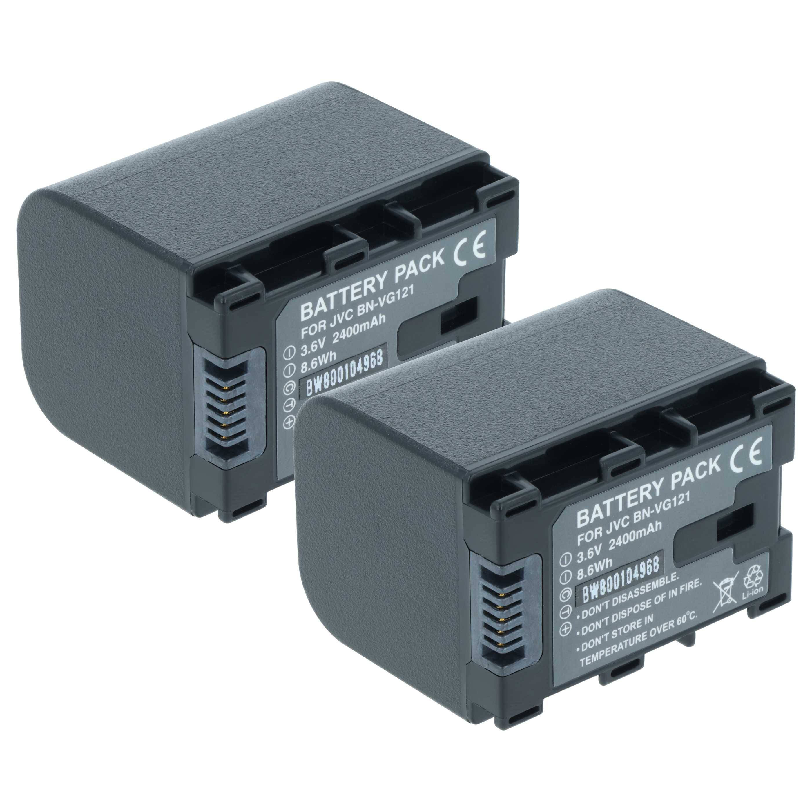Zwei schwarze Akkupacks, beschriftet für das JVC-Modell BN-VG121, mit Spezifikationen von 7,2V und 4000mAh.