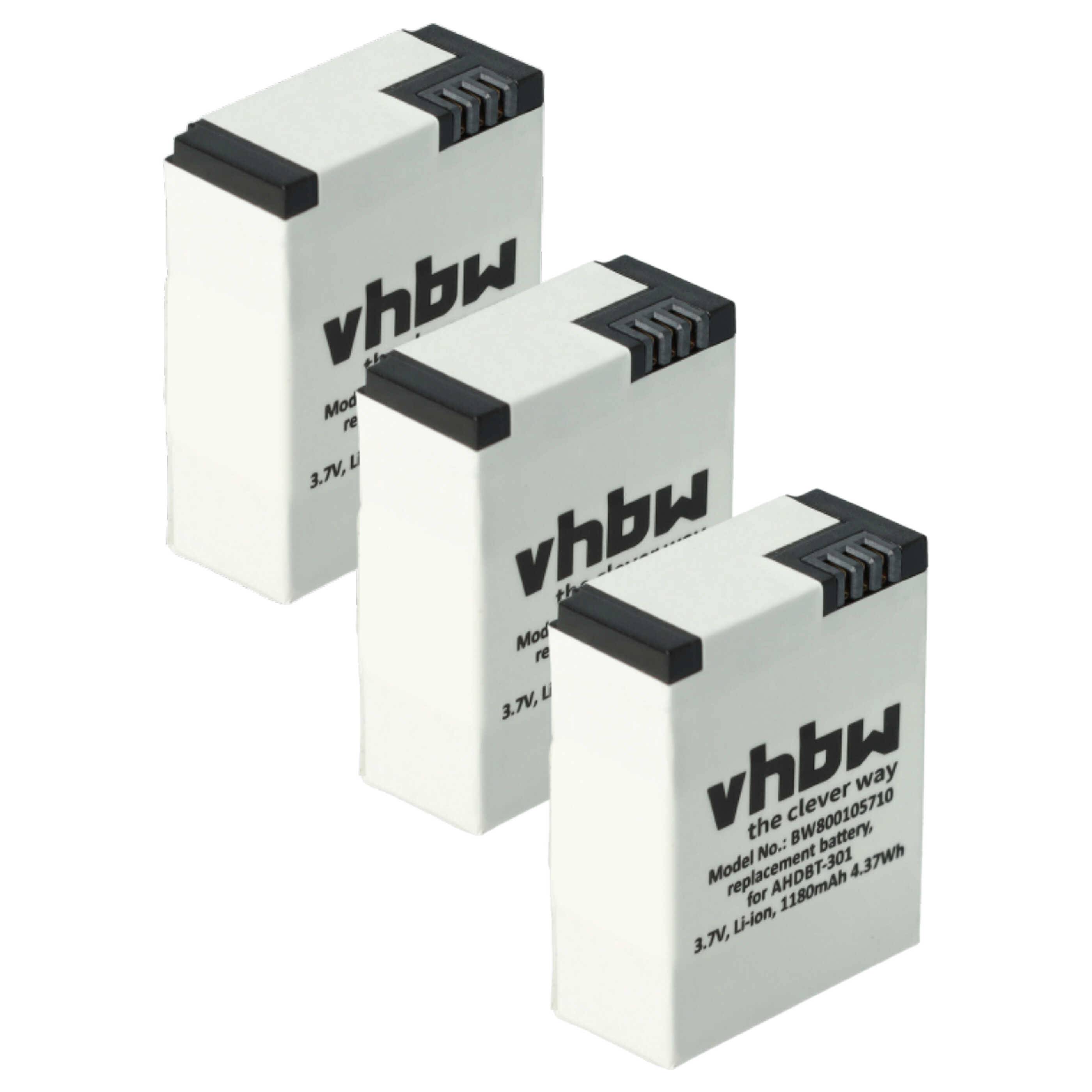 vhbw 3x Akku Ersatz für GoPro AHDBT-201, 1ICP7/26/33-2, 601-00724-00ACHDHN-301 für Videokamera Camcorder (1180 mAh, 3,7 V, Li-Polymer)