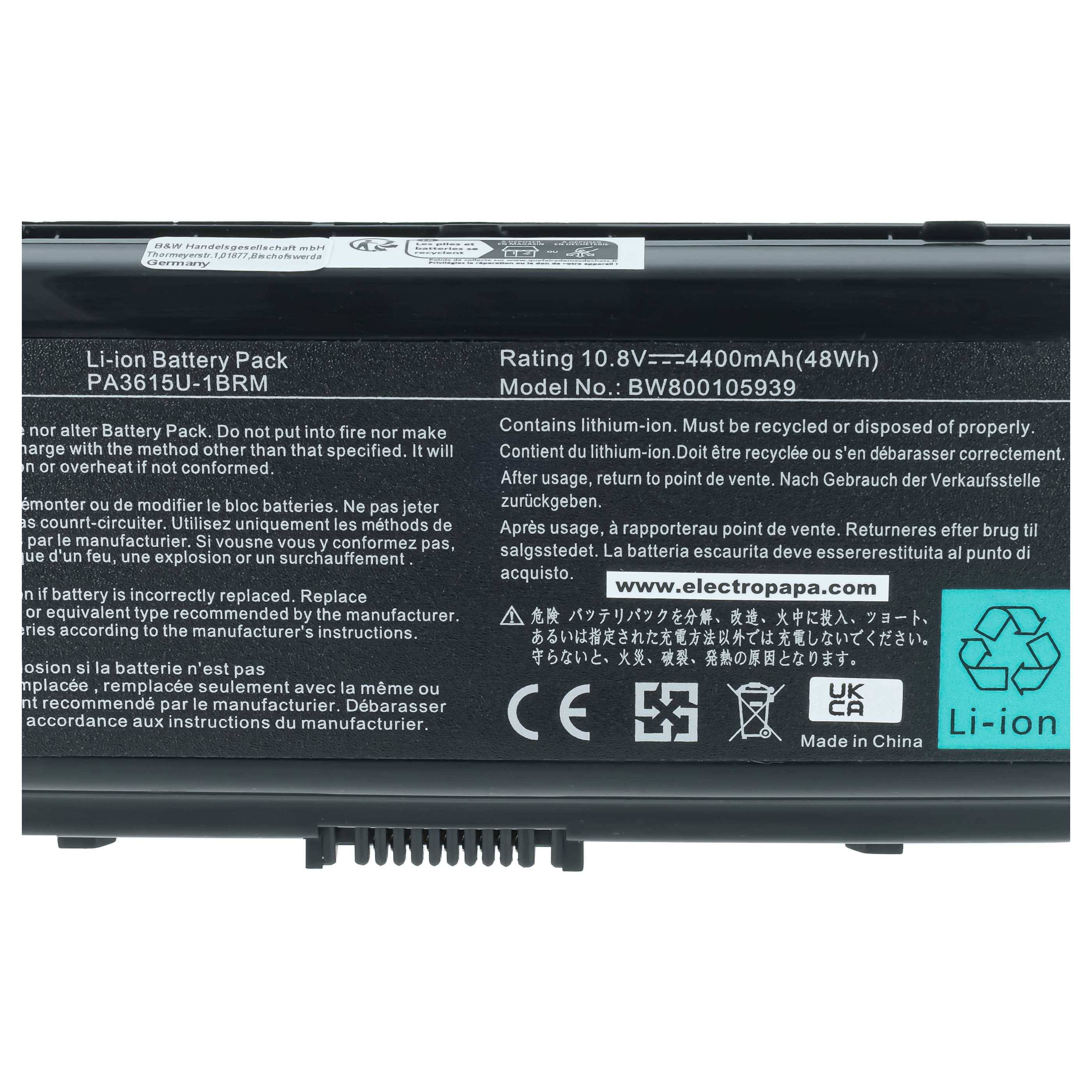 vhbw Akku kompatibel mit Toshiba Satellite L45-S7xxx, L45-S7423, L45-S7424, L45-S7409, L45-S7419 Notebook (4400 mAh, 10,8 V, Li-Ion)