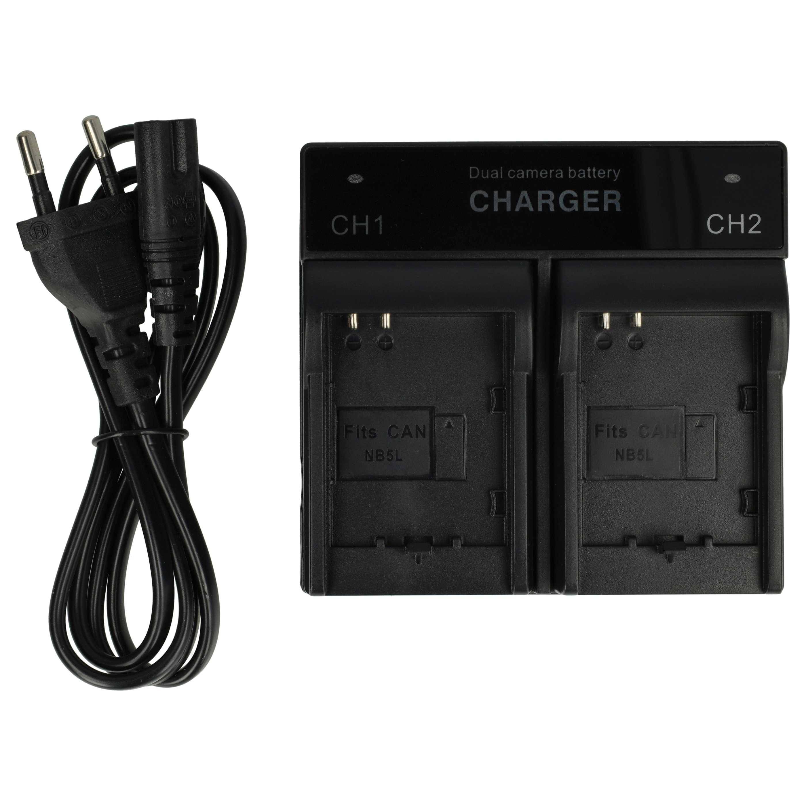 Doppelkamera-Batterieladegerät mit zwei Steckplätzen mit den Bezeichnungen CH1 und CH2, zusammen mit einem abnehmbaren Stromkabel mit europäischem Stecker.