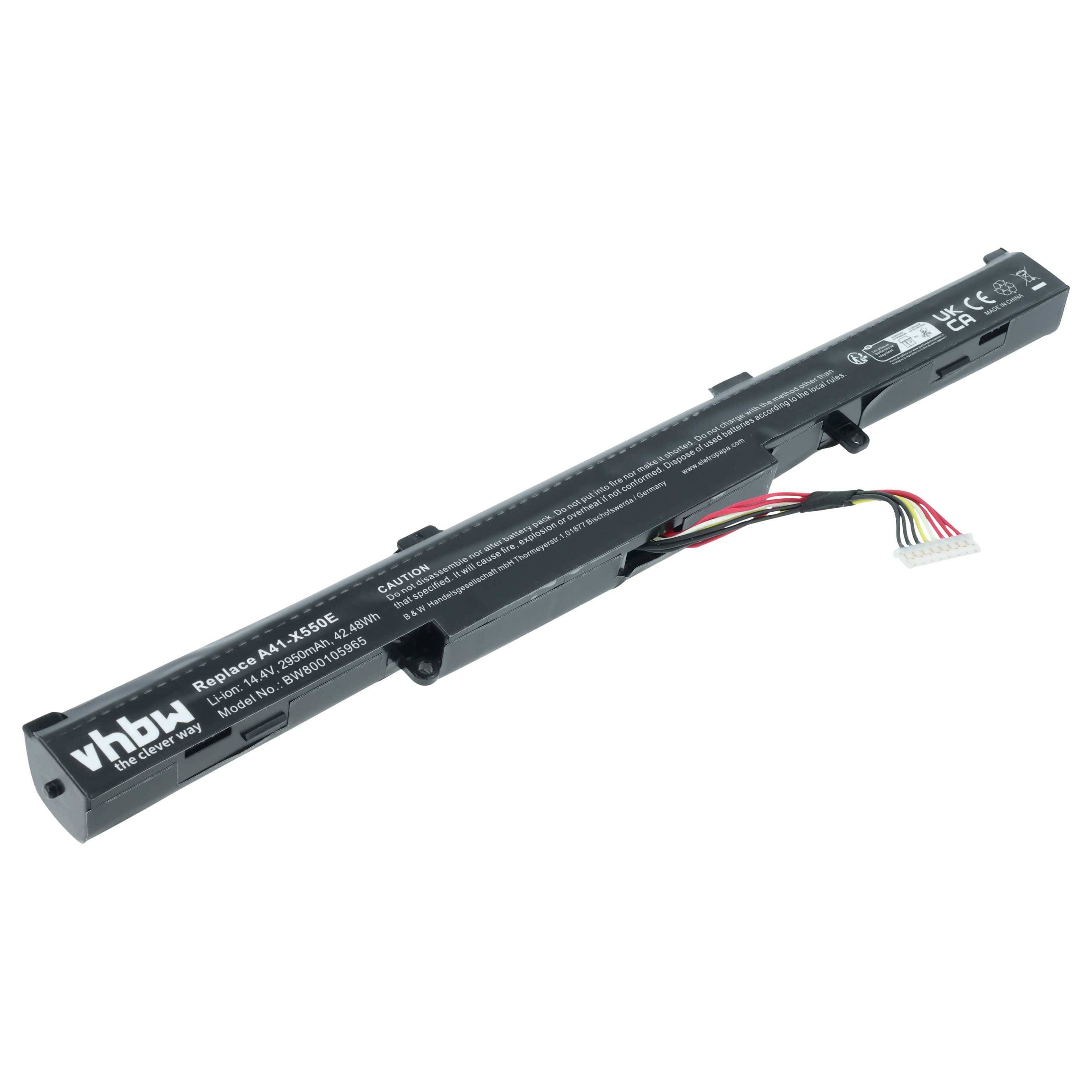 Eine schwarze vhbw Ersatz-Laptop-Batterie des Modells AK-14S603-5E mit freiliegenden mehrfarbigen Kabeln und einem Anschluss-Stecker.